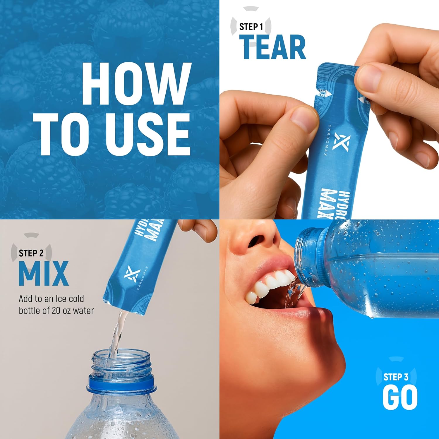 CardoMax Hydration Packets - Hydromax Electrolyte Drink Mix Packets with Sodium, Magnesium, & Potassium - Vegan & Keto-Friendly, Electrolyte Drink Mix - 15 Liquid Hydration Sticks, Blue Raspberry