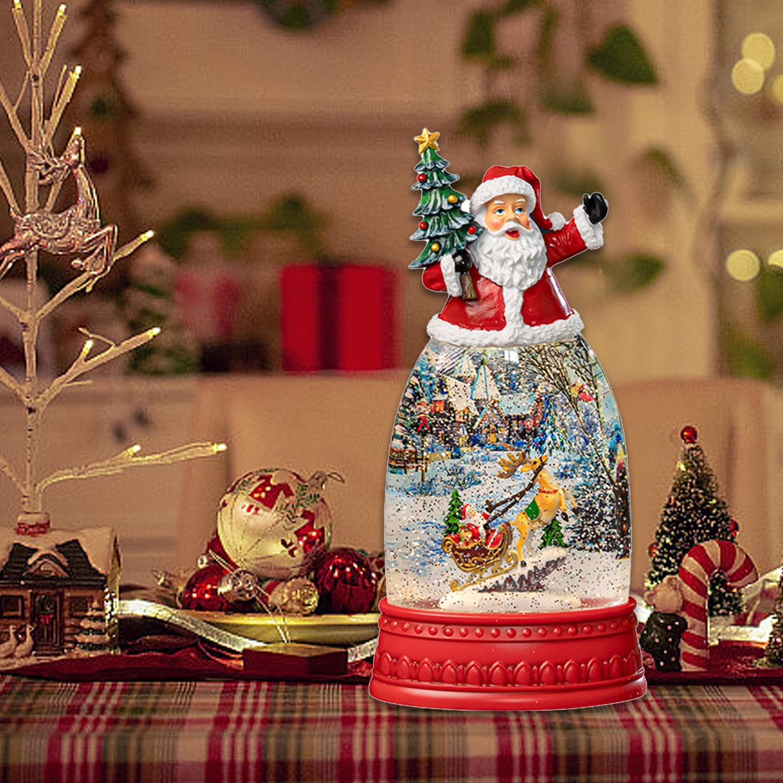 Christmas Snow Globe Musical Lámpara Decorativa con Caja de Música Linterna Iluminada Y Globo Brillante de Resina Adecuada para Regalo Navideño Decora, Papá Noel, Individual