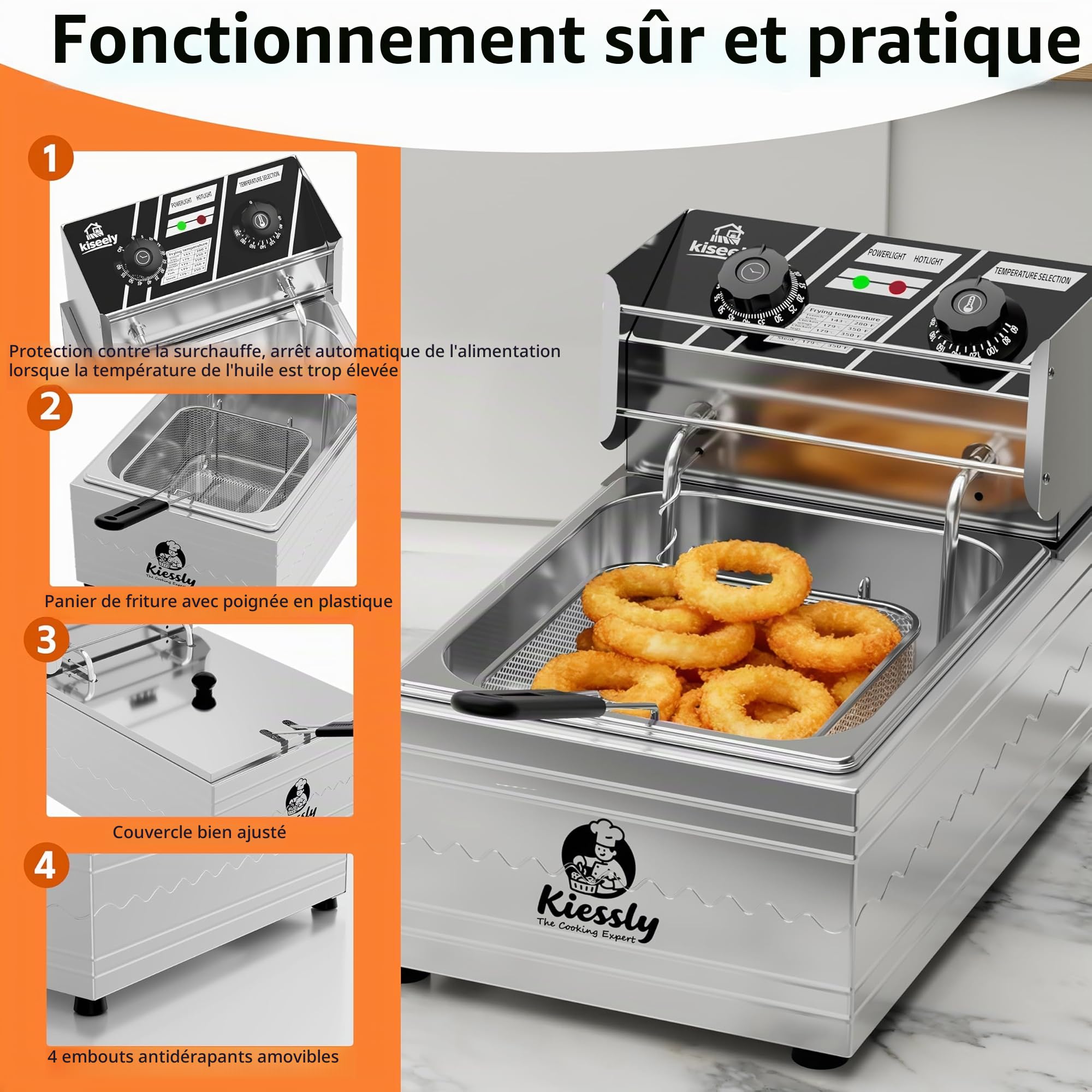Friteuse 20L Electrique INOX, Friteuse Commerciale 3500 W avec paniers et couvercles, double cuve, avec contrôle de la durée et de la température (Friseur unique 10L NQ7)