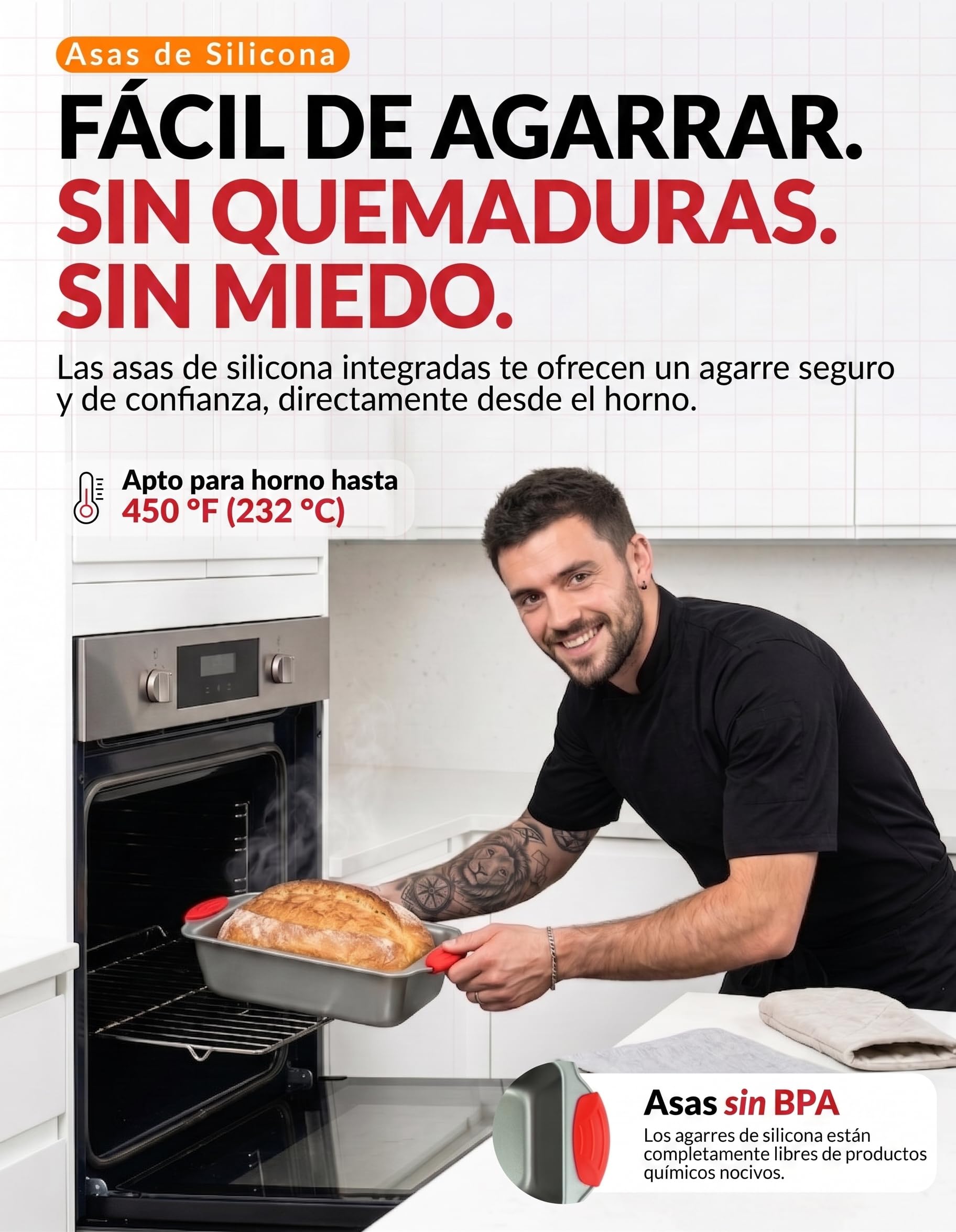 Molde para horno- Acero antiadherente, Boxiki Kitchen Molde para horno antiadherente profesional para hacer pan de plátano, pastel de carne, bizcocho , gris con rojo, 21.5 x 11.5 cm