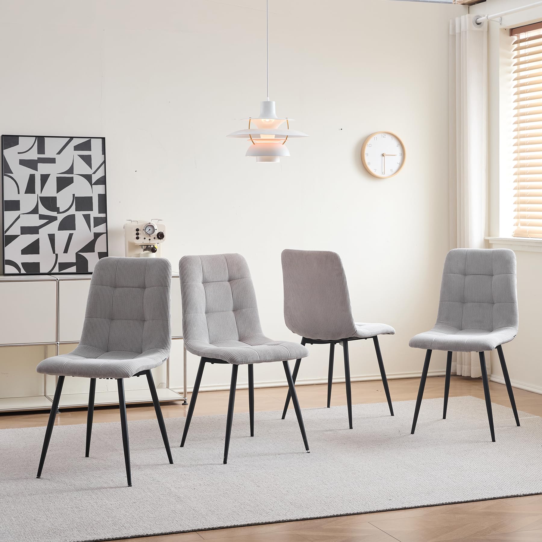 Essgruppe 5-Teilig, 100cm Runder Esstisch und 4 Esszimmerstühle (Cord), Tisch und 4 Stühle für Küche, Wohnzimmer, Balkon, Restaurant, Büro (Helle Holzfarbe+Grau (Cord))