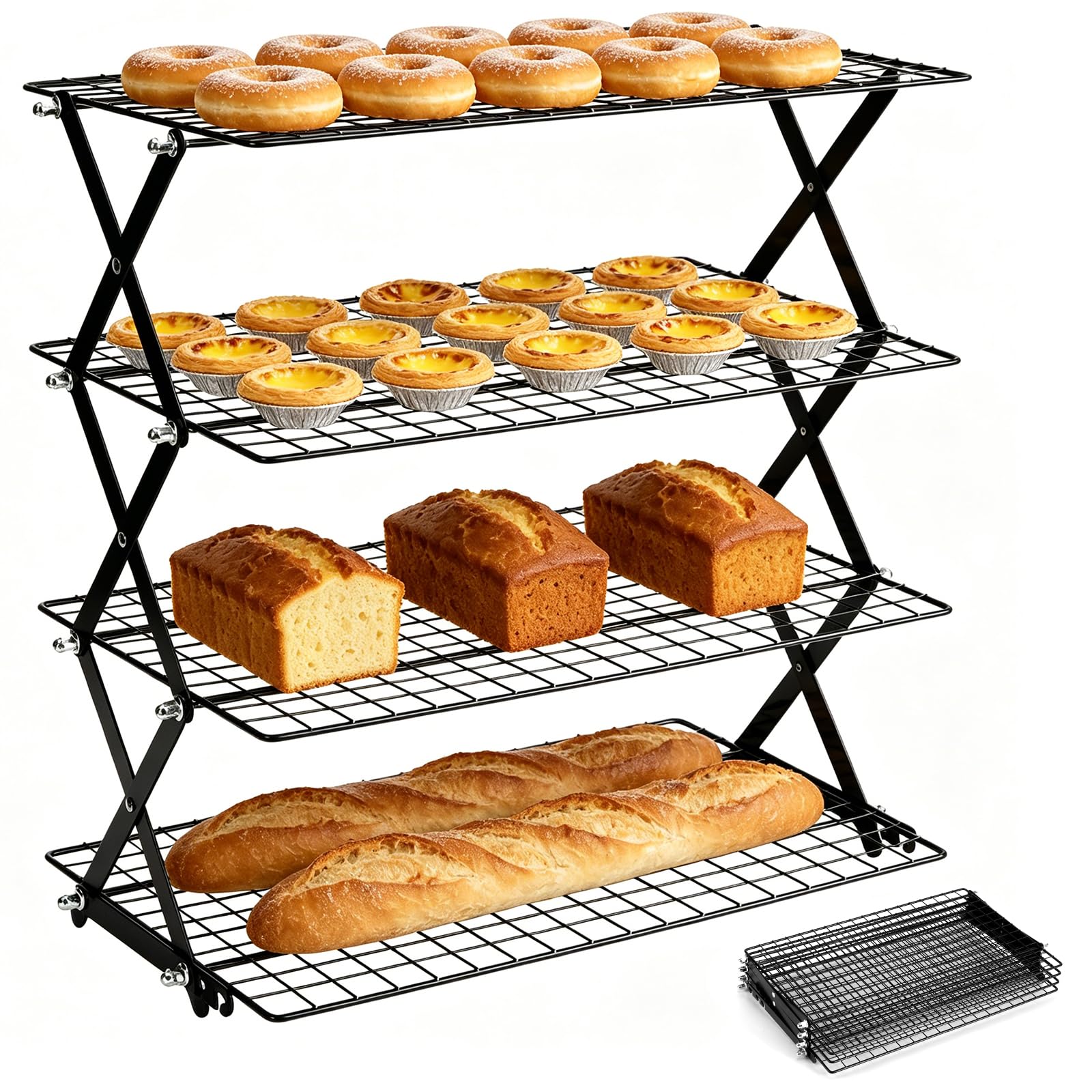 4 Tier Collapsible Cooling Rack for Baking, Expandable and Foldable Cookie Oven Racks,Non Stick Wire Cooling Rack Baking Tools & Accessories,Foldable Baking Rack for Cookies,Cake,Bread, Kitchen & Camp