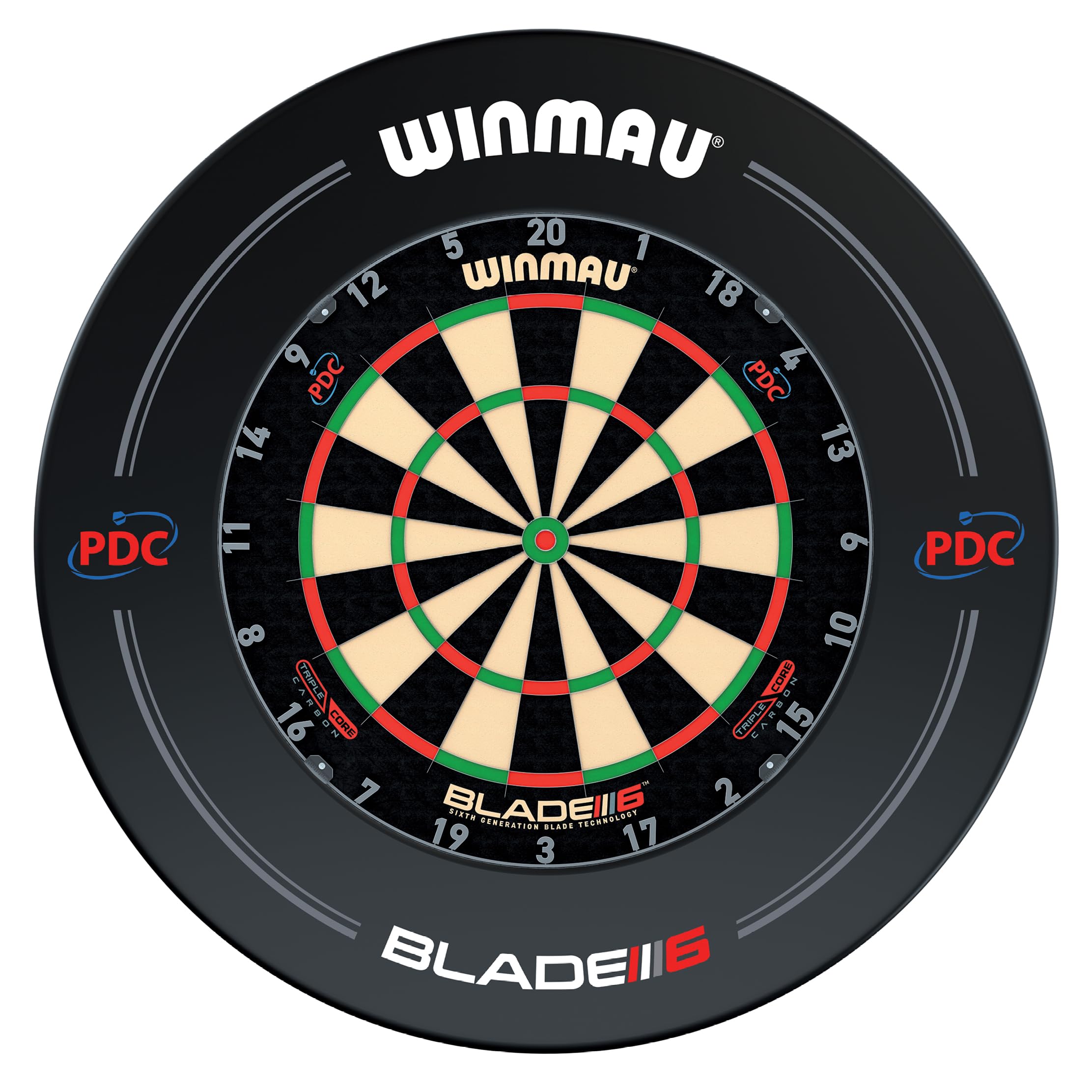 WINMAU Set di freccette Triple Core – Bersaglio professionale Winmau con bordo PDC, 2 set di freccette in acciaio, sistema Rota-Lock, bersaglio con sisal, ideale per tornei e allenamenti.