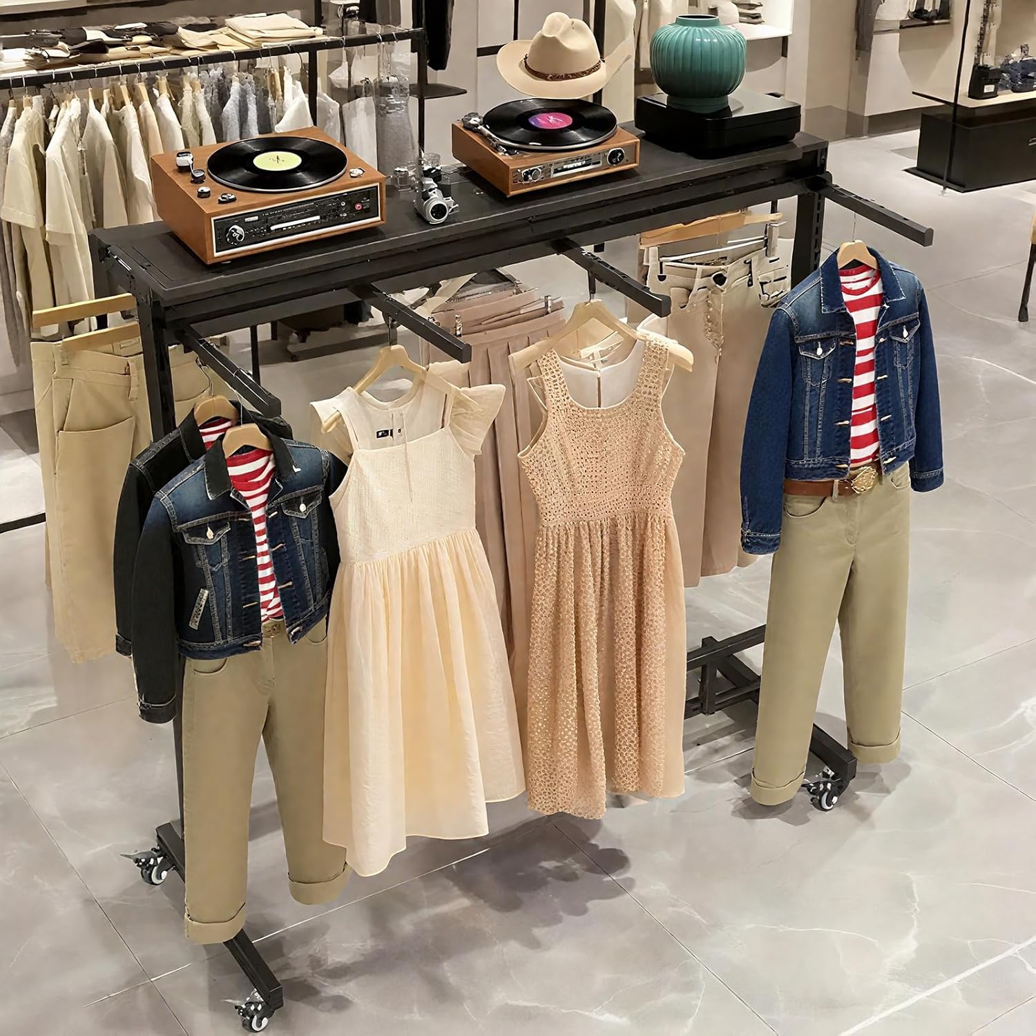 Retail Clothing Rack with Adjustable 8 Arms, Portable Boutique Display Hanging Stand on Wheels and Top Shelf, Floor Standing Metal Garment Shirts Racks, Black