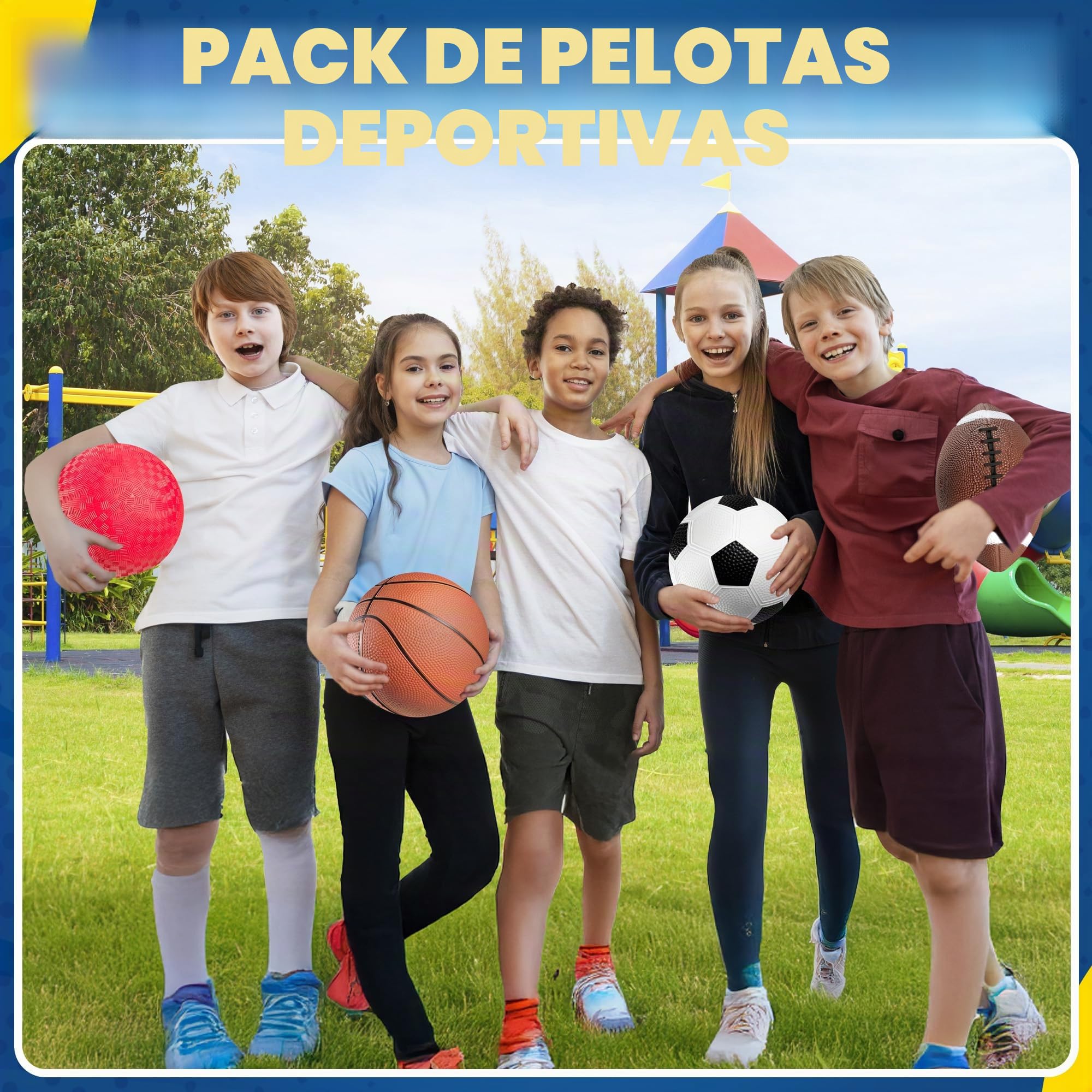 Bedwina Pelotas deportivas con bomba de mano para niños, (paquete de 4) Juego de pelotas deportivas de goma de 6 pulgadas de diámetro que incluye fútbol, pelota de fútbol, baloncesto y parque infantil