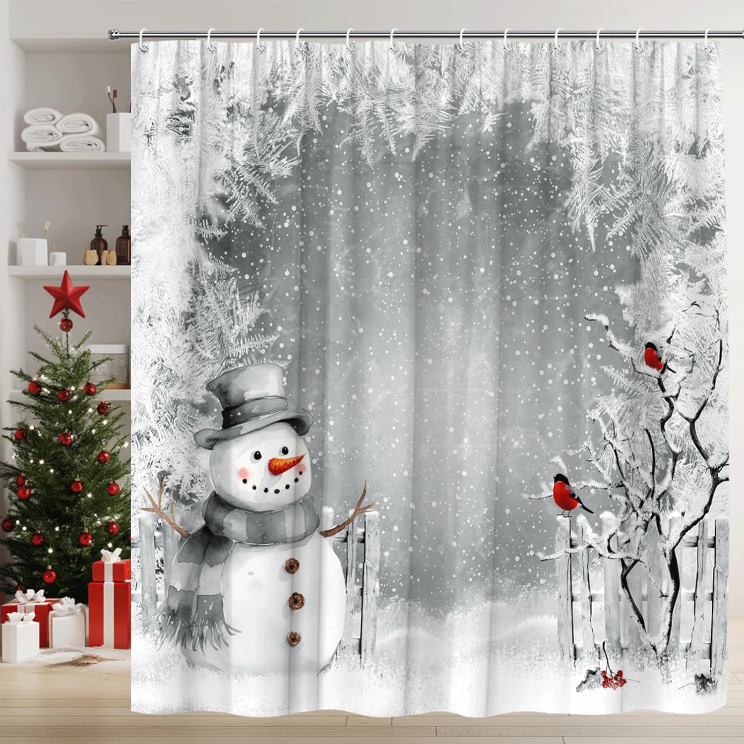 Christmas Snowman Shower Curtain Red Birds Snowy Trees Snowflake Winter Holiday Fabric Bathroom Decor Set Include Hooks,(70" Wx74.8 H)