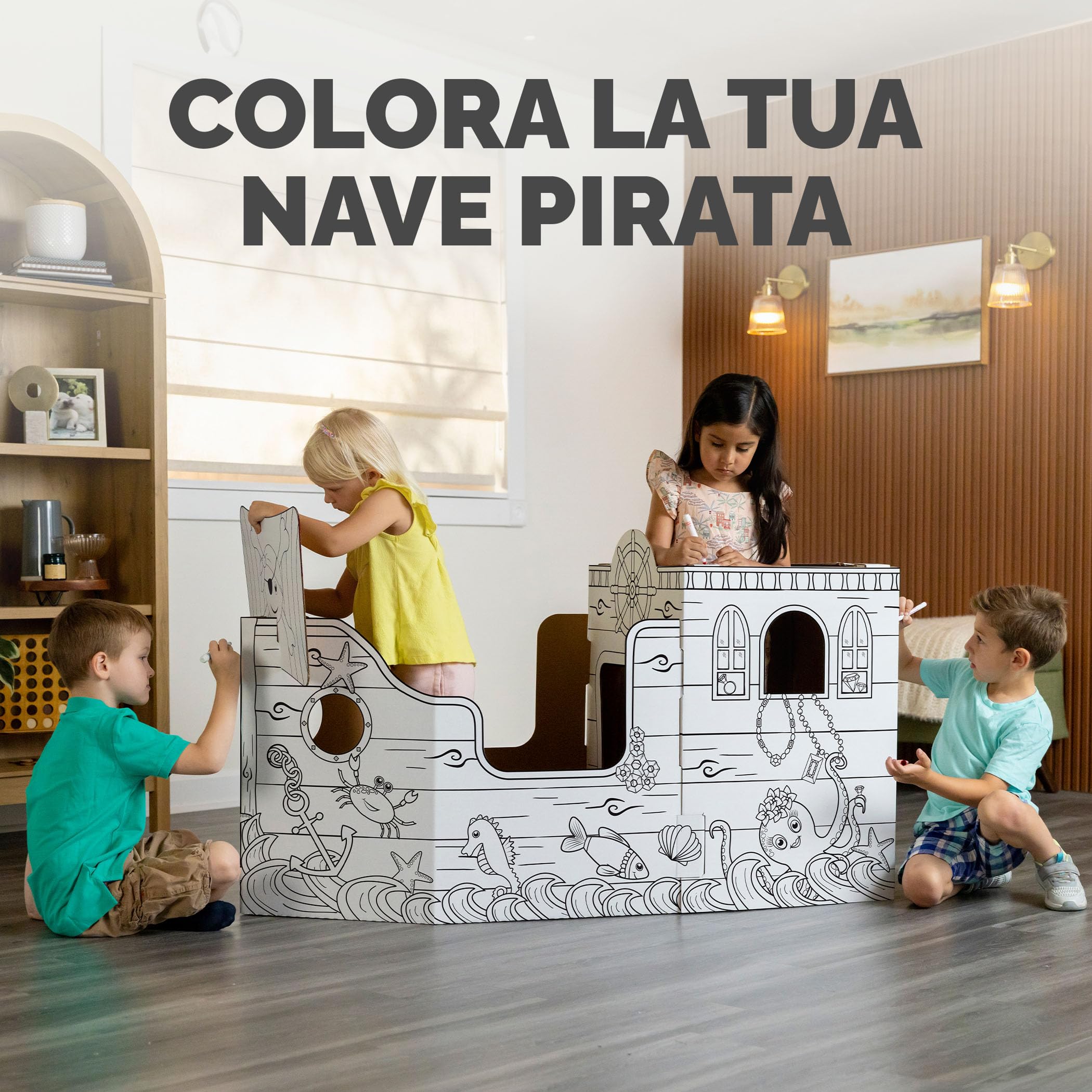 BANKERS BOX Casa di Cartone Nave Pirata per Bambini XL (79 x 50,5 x 135 cm) – Casetta da Colorare – Certificata FSC, Riciclabile – Divertimento Arte e Creatività – Età 3+