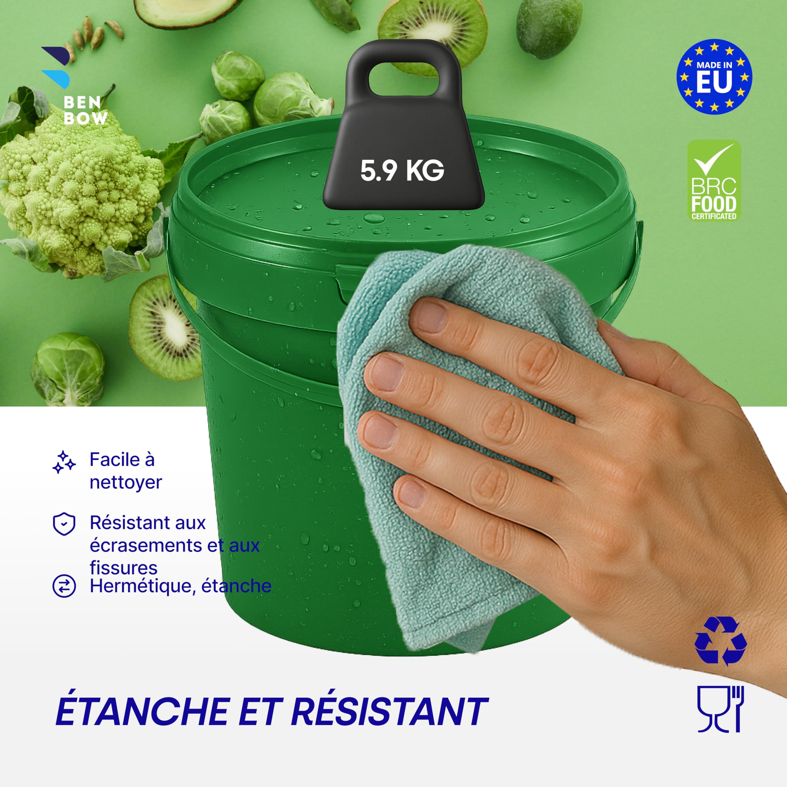 BenBow Seau avec Couvercle 1L Vert 20x 1 Litre - apte au Contact Alimentaire, Stable, hermétique, étanche, sans Odeur - récipient de Stockage en Plastique, avec poignée - Vide