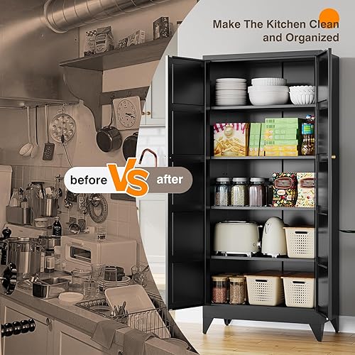 Miniatura 7 de Yizosh - Gabinete de almacenamiento de metal con 2 puertas y 4 estantes ajustables - Gabinete de almacenamiento de cocina de 71 pulgadas color Negro