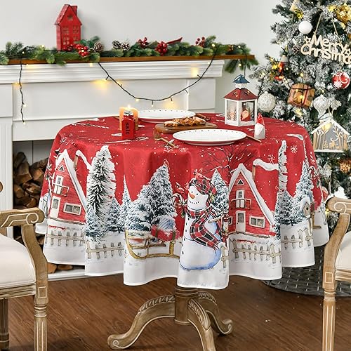 Miniatura 3 de Horaldaily Mantel de Navidad redondo de 70 x 70 pulgadas, casa de muñeco de nieve de invierno, árboles de Navidad, color rojo, lavable, para fiesta,
