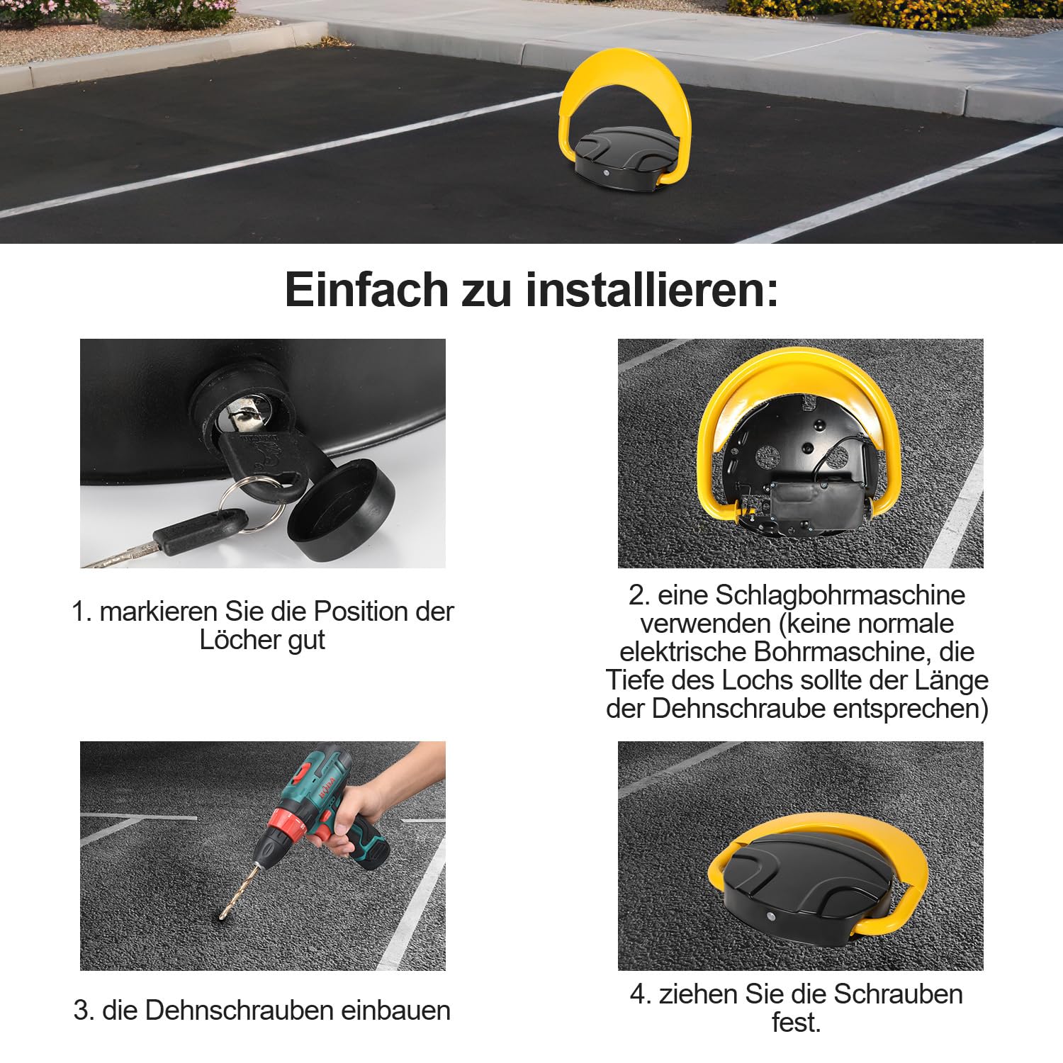 Set di 2 blocchi di parcheggio elettrici, 4 telecomandi e 4 chiavi, IP67, impermeabili, pali di parcheggio pieghevoli in acciaio, barriera a 180° con allarme per parcheggio privato