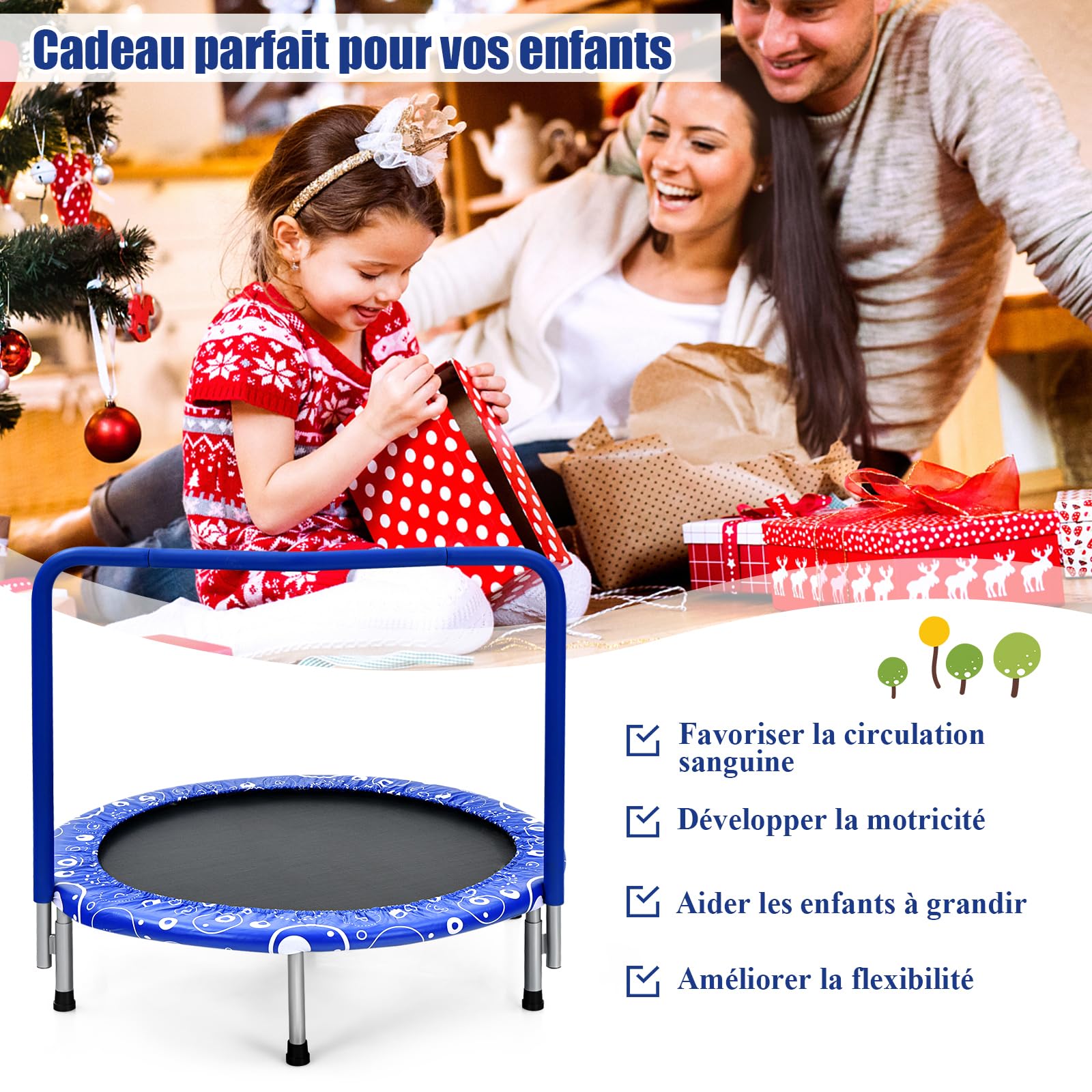 GYMAX Trampoline Pliable pour Enfants ∅92 cm, Mini Extérieur et Intérieur avec Housse de Sécurité Rembourrée et Poignée Couverte, Charge 150 KG (Bleu