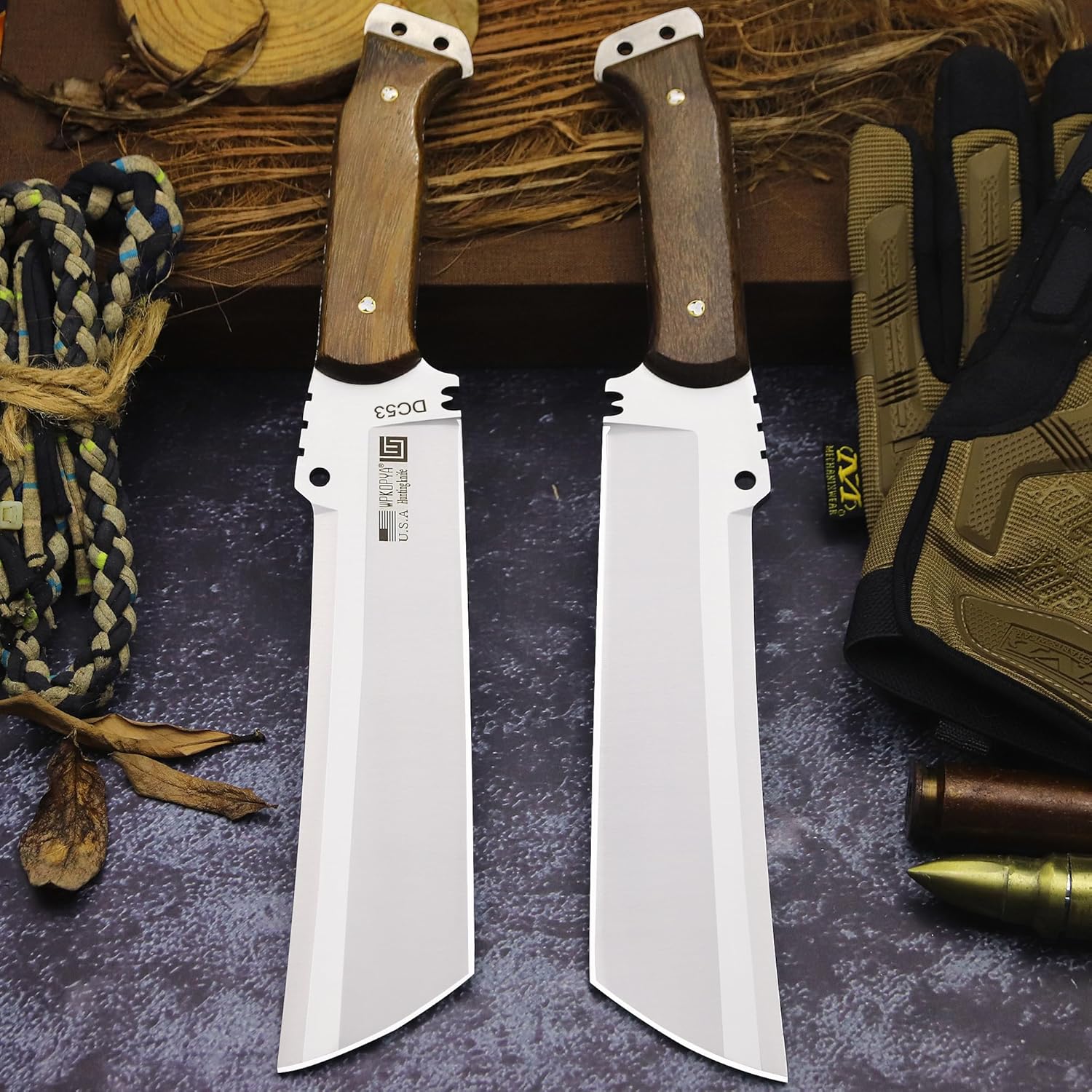 WPKOPYA Fixed Blade Outdoor Knife with Leather Sheath, DC53 Steel Full Tang, 6.6” Sharp Blade, Wooden Handle, 13.6” Tactical Survival Knife for Camping, Hiking, Bushcraft, Cooking & Utility Use