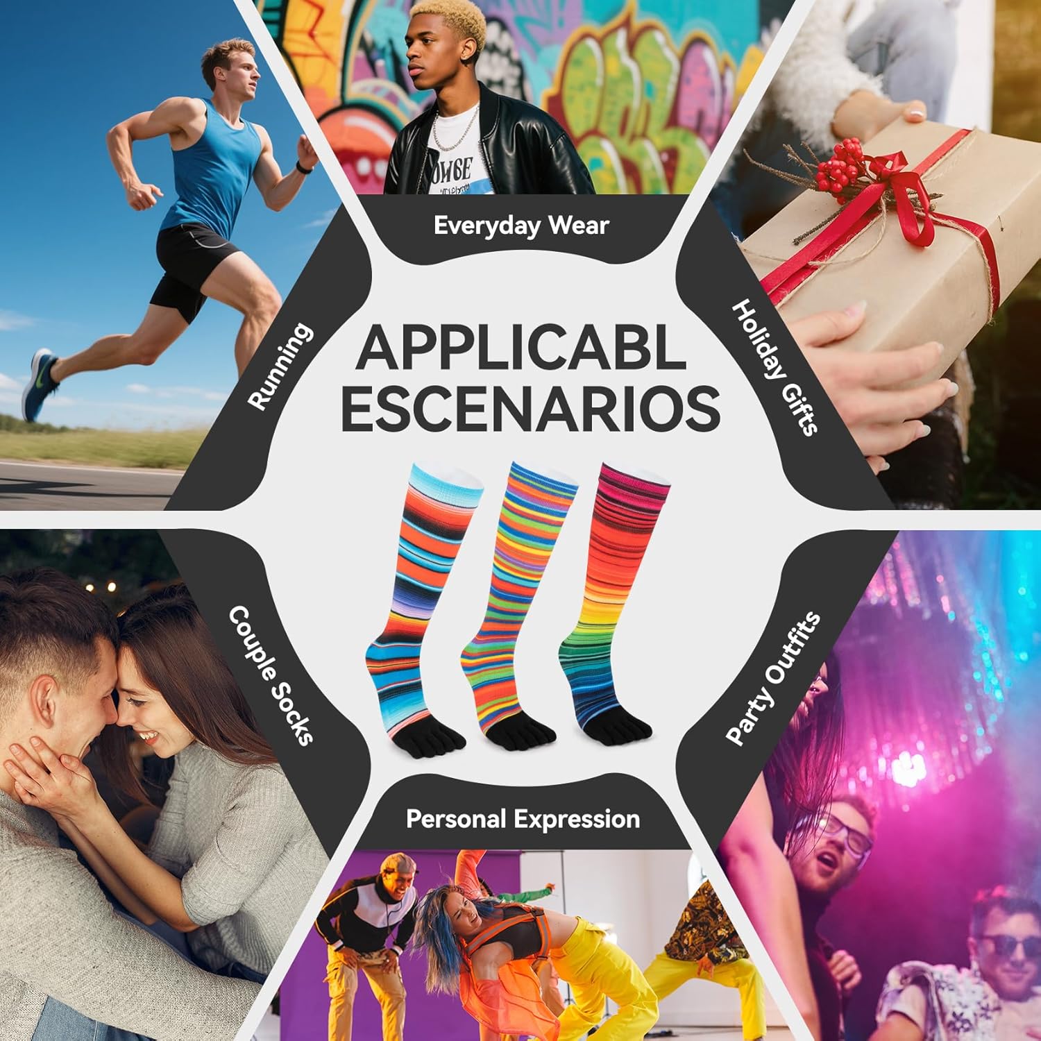 VividPrint 5-Toe Socks (3 Pairs) – Stylish Crew Socks for Women & Men, Breathable & Supportive - Image 2