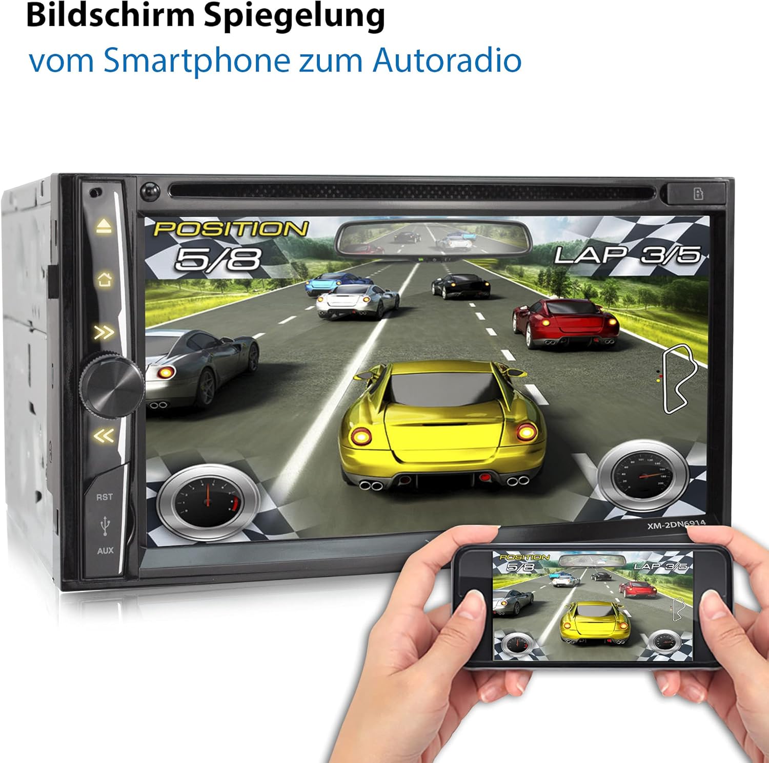 XOMAX car stereo demonstrating Mirrorlink functionality with an Android smartphone.