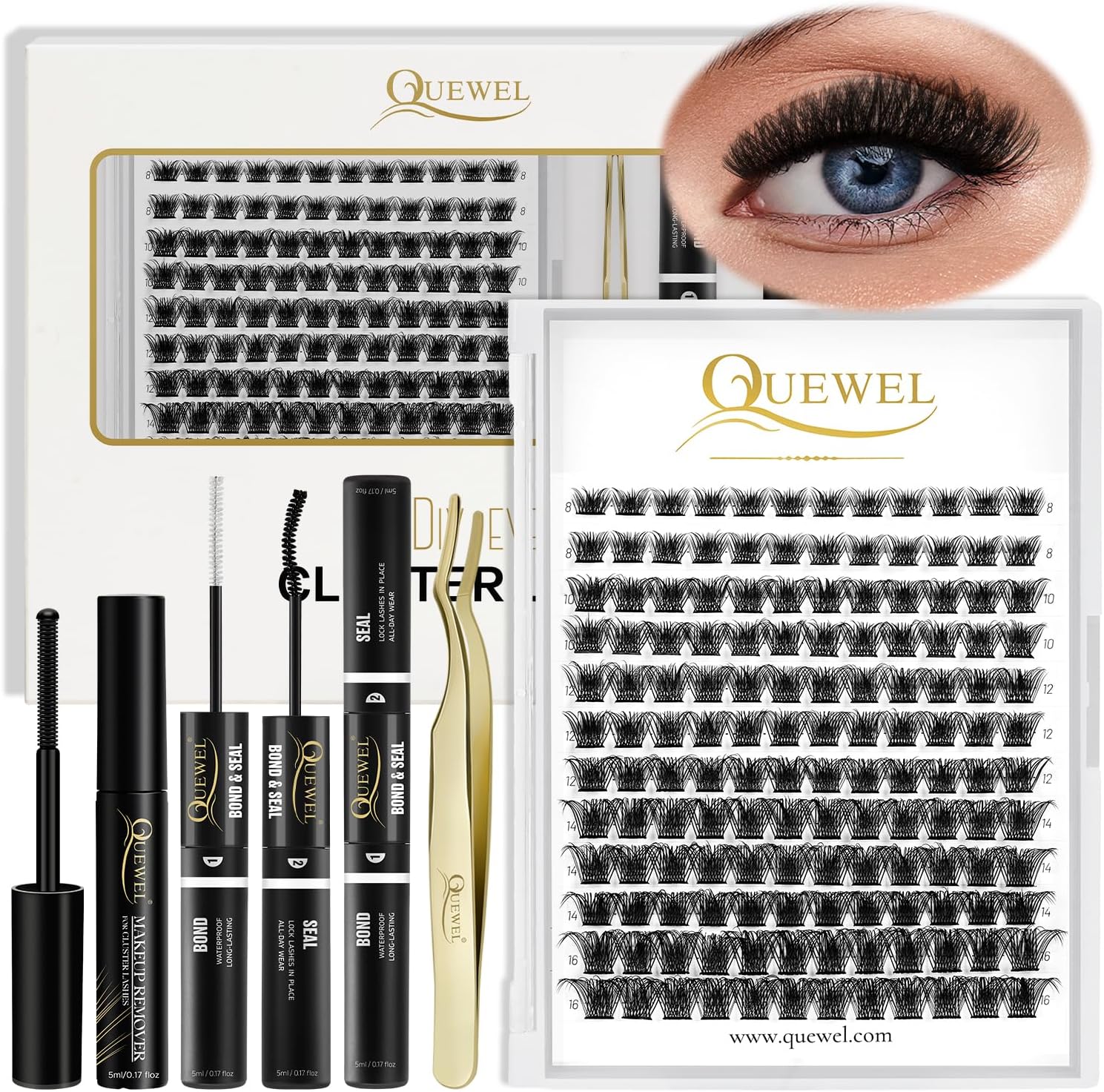 QUEWEL DIY Eyelash Extensions Kit, Lash Clusters 144 Pcs, Golden Lashes Tweezers, Eyelashes Clusters Bond and Seal Waterproof, Clusters Lash Glue Remover (QU-RR-DH-01)