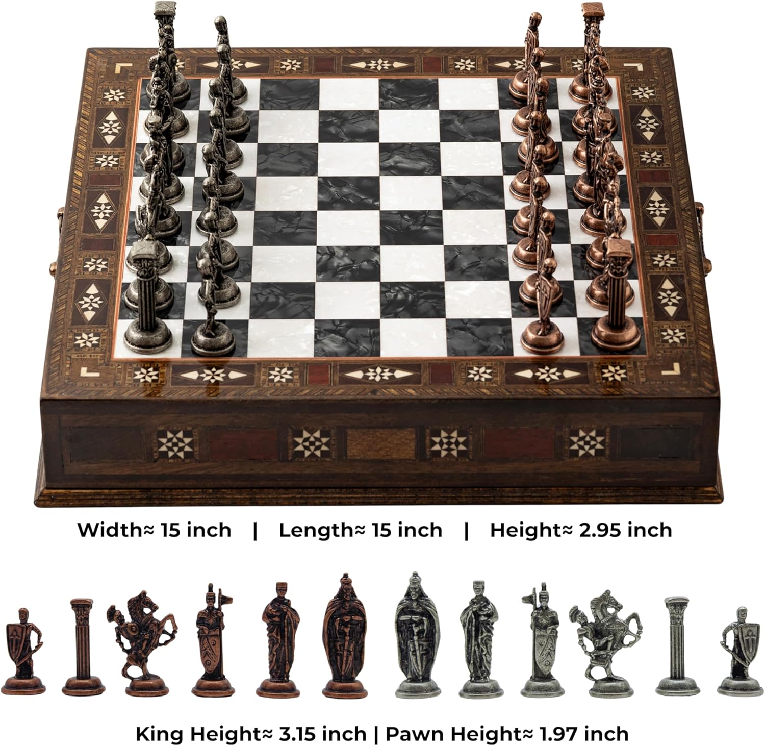 15’’ Handmade Wooden Chess Set with British Army Metal Pieces – Luxury Storage Board – Gift for Adults, Fathers & Collectors, Gift for Him (Black)