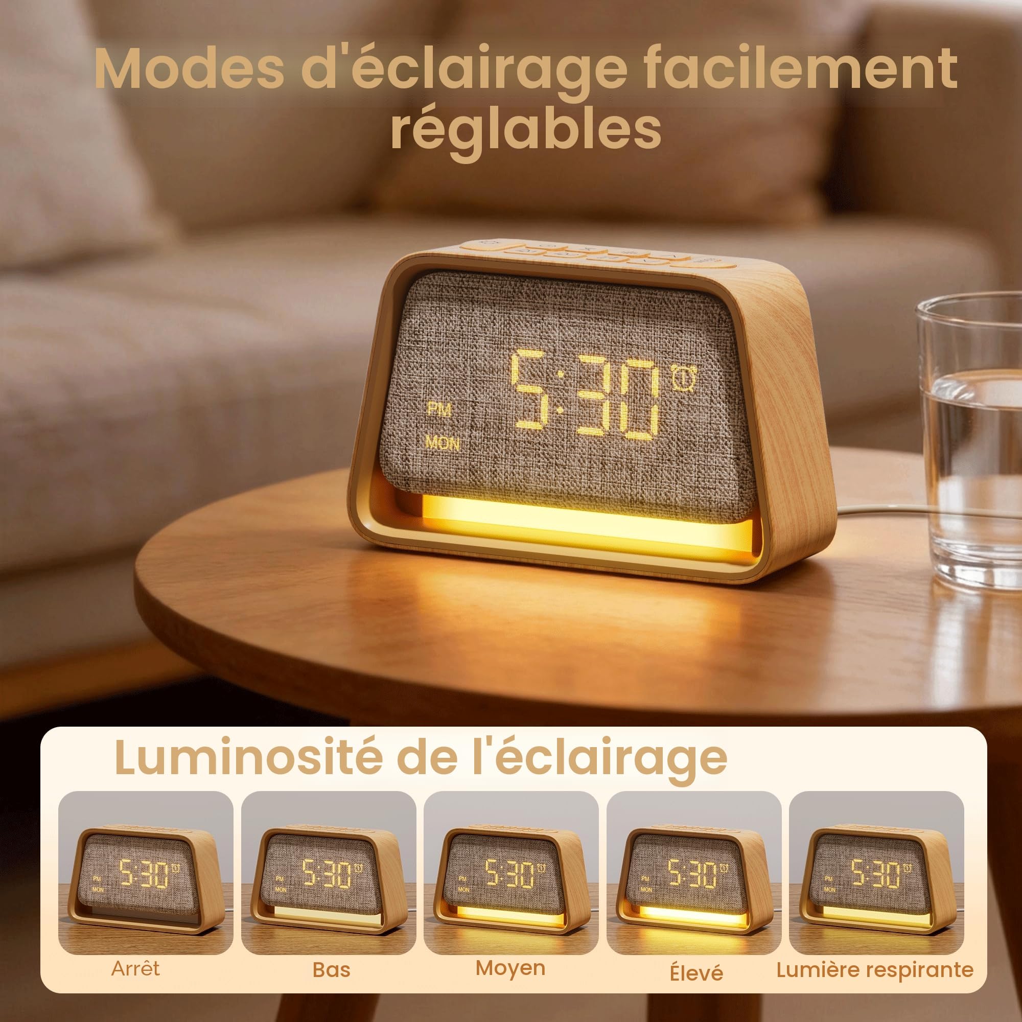 blonbar Réveil, réveil 3 en 1 avec veilleuse, aide au sommeil avec 10 bruits blancs et 10 sons naturels, lampe de table réglable à 3 niveaux pour chambre à coucher, chambre à coucher