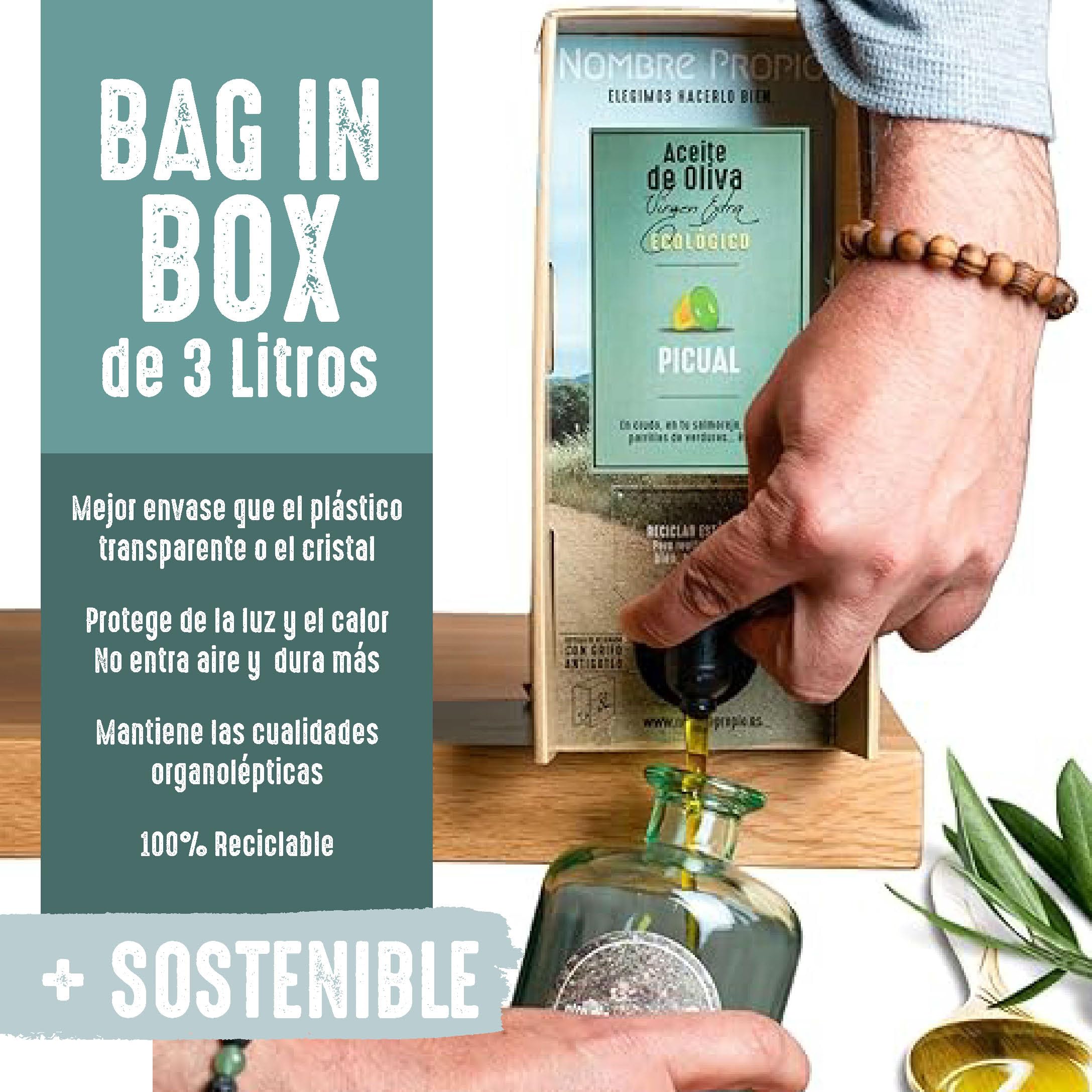NOMBRE PROPIO Aceite de Oliva Virgen Extra Ecológico 100% Español - Formato Bag in Box, 3L (Picual). Rico en polifenoles. Certificación Europea. AOVE Picual