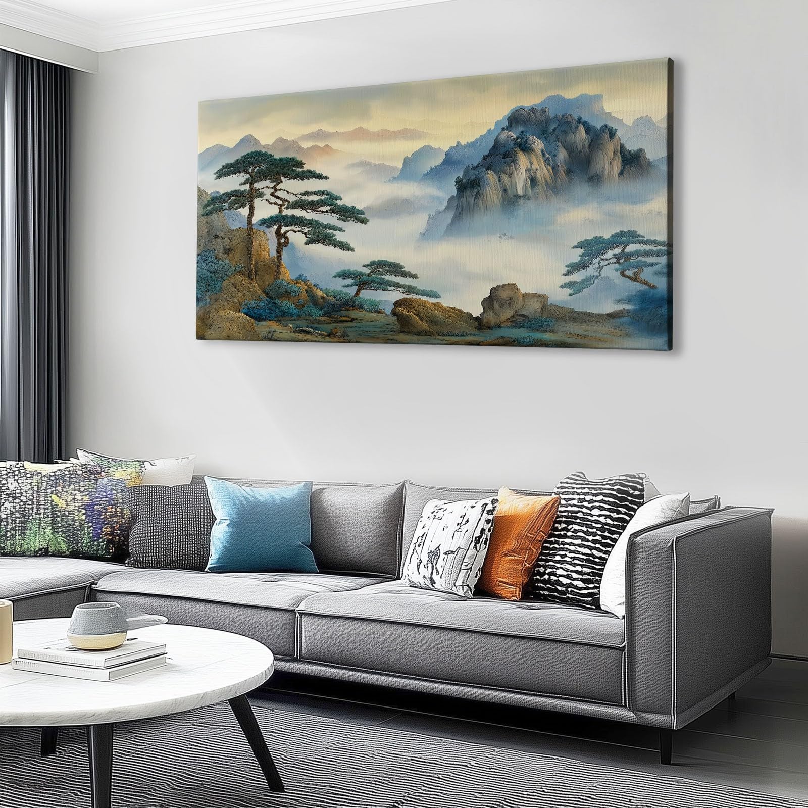 Spersonalizowane wydruki na płótnie, tradycyjny, chiński styl, 120 x 80 cm, góry, mgiełka, sosny, dekoracja ścienna, oprawione płótno fotograficzne, do salonu, sypialni, łazienki, nadruk, prezenty na