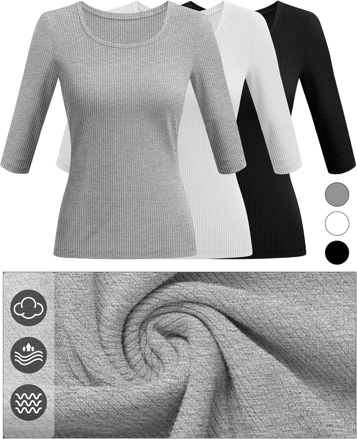 Huukeay 3 Pack Women's Ribbed 3/4 Sleeve Shirts, Scoop Neck Slim Fit Tops Summer Stretchy Casual Base Layer Basic Tee Blouses - Image 4