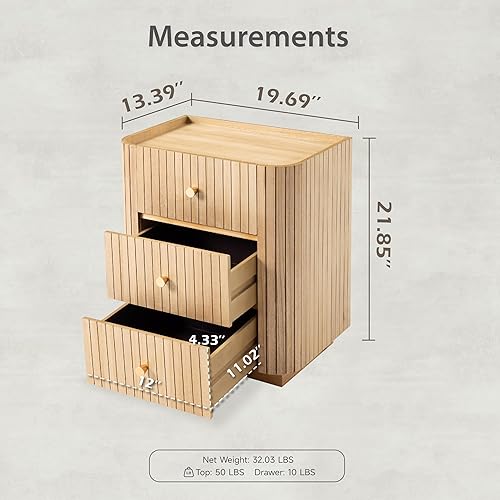 Miniatura 2 de COZAYH Mesita de noche de madera de 3 cajones con listones verticales, cómoda rústica de borde curvado con asas de metal, mesa auxiliar de cama de