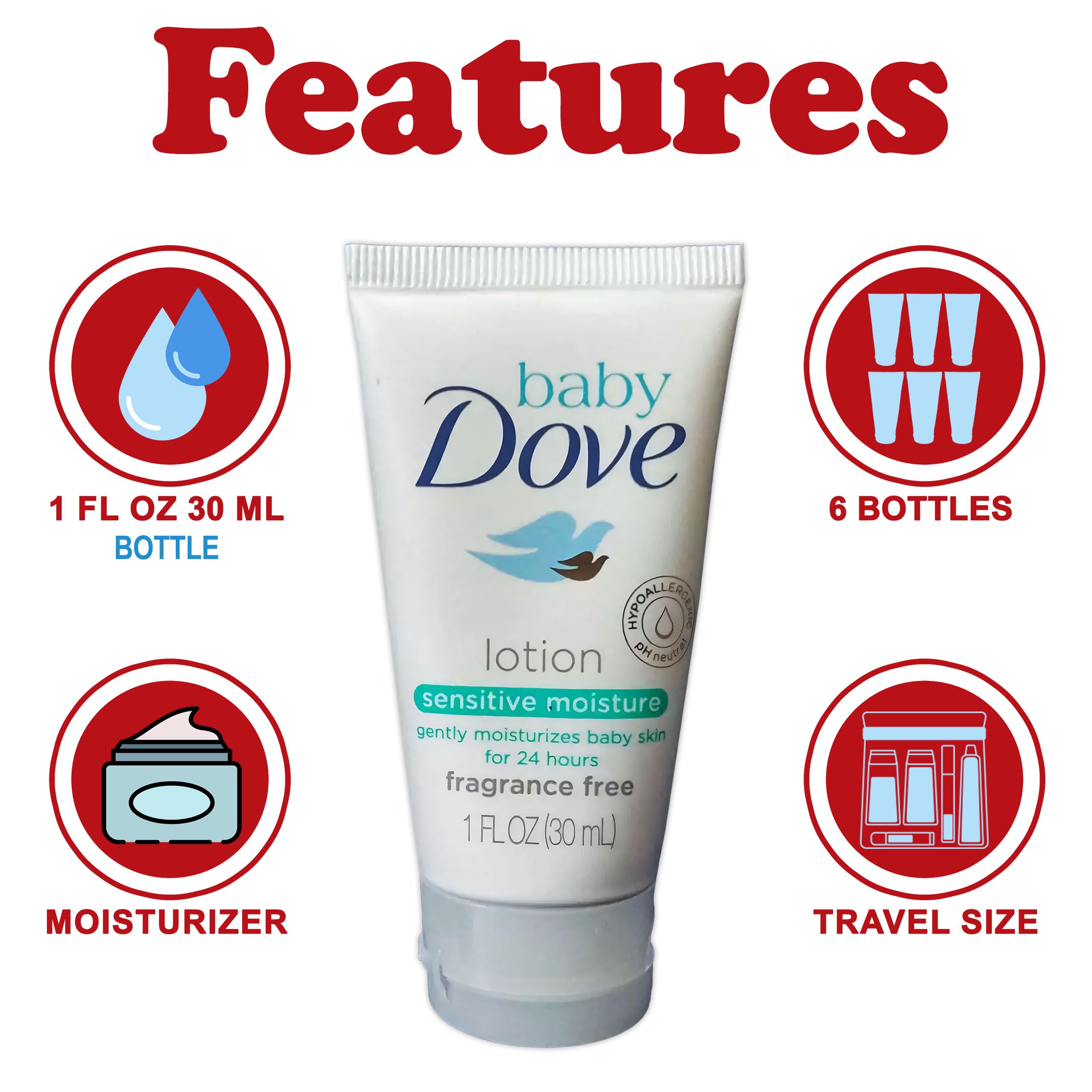 Baby Dove Sensitive Moisture Baby Lotion, 6 Pk Hypoallergenic Fragrance-Free for Sensitive Skin, Moisturizing Unscented Baby Lotion, Safe 4 Newborns Travel Size 1oz Ea