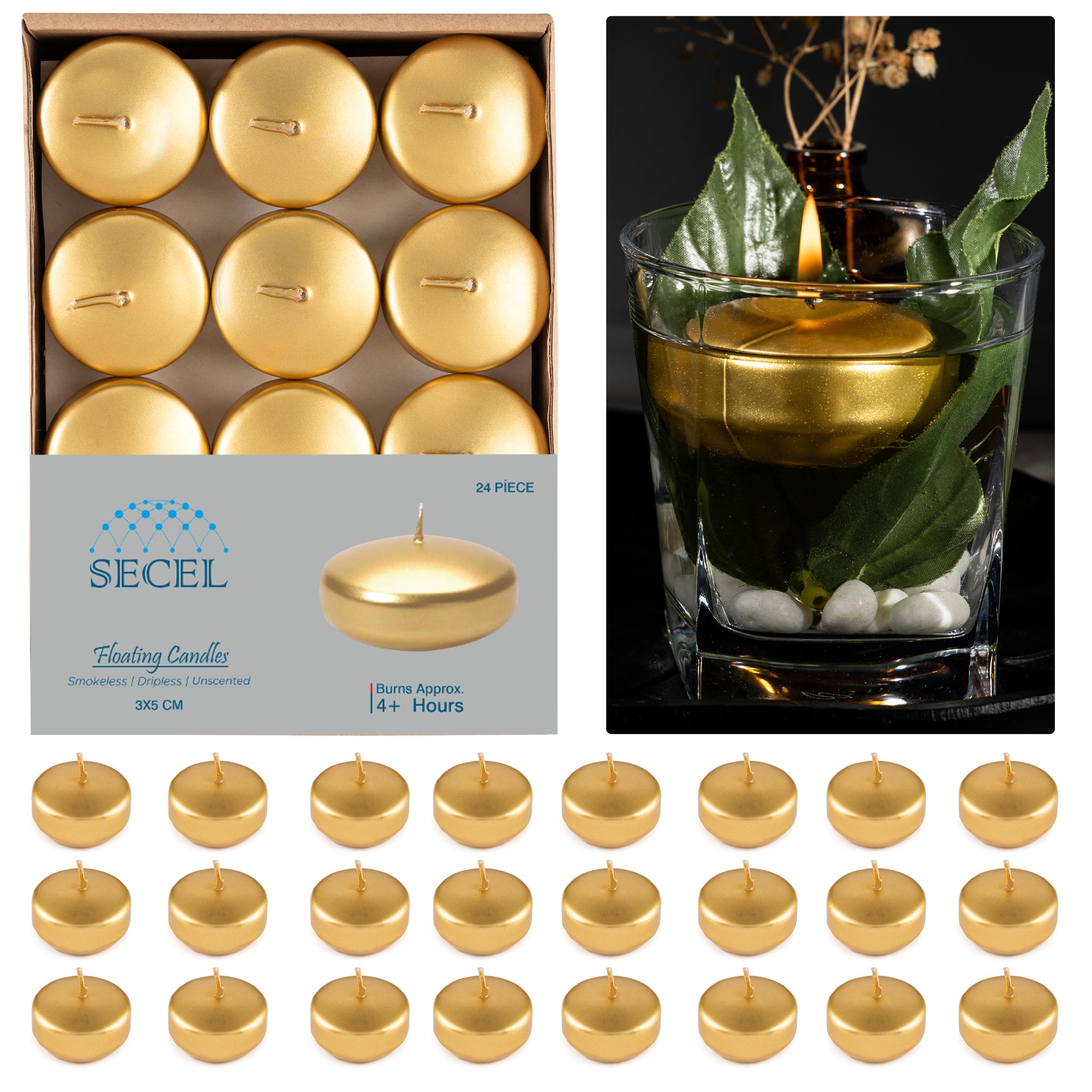 Photo 1 of SECEL Pack of 24 Floating Candles 2 Inch 4+Hours Paraffin Wax%100 Cotton Wick Dripless & Smokeless Home Decor, Wedding Decorations, Valentine Decors, Birthday Dinners, Celebrations