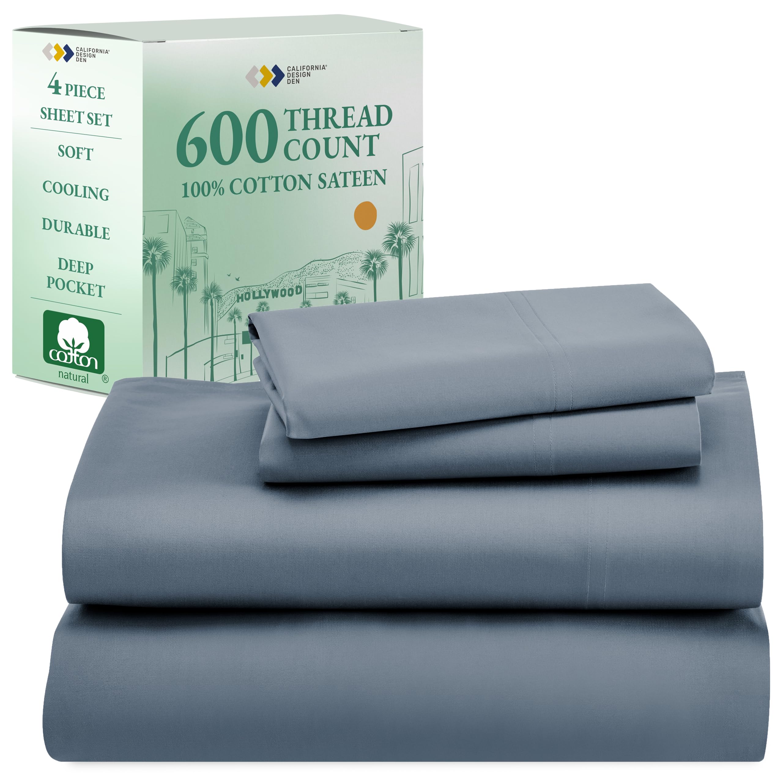 CALIFORNIA DESIGN DEN 5-Star Hotel 600 Thread Count 100% Cotton Sheets Set - Soft & Smooth Queen Bedding Set with Deep Pockets, Quality Beats Egyptian Cotton Claims (Pastel Blue)OEKO-TEX STANDARD 100