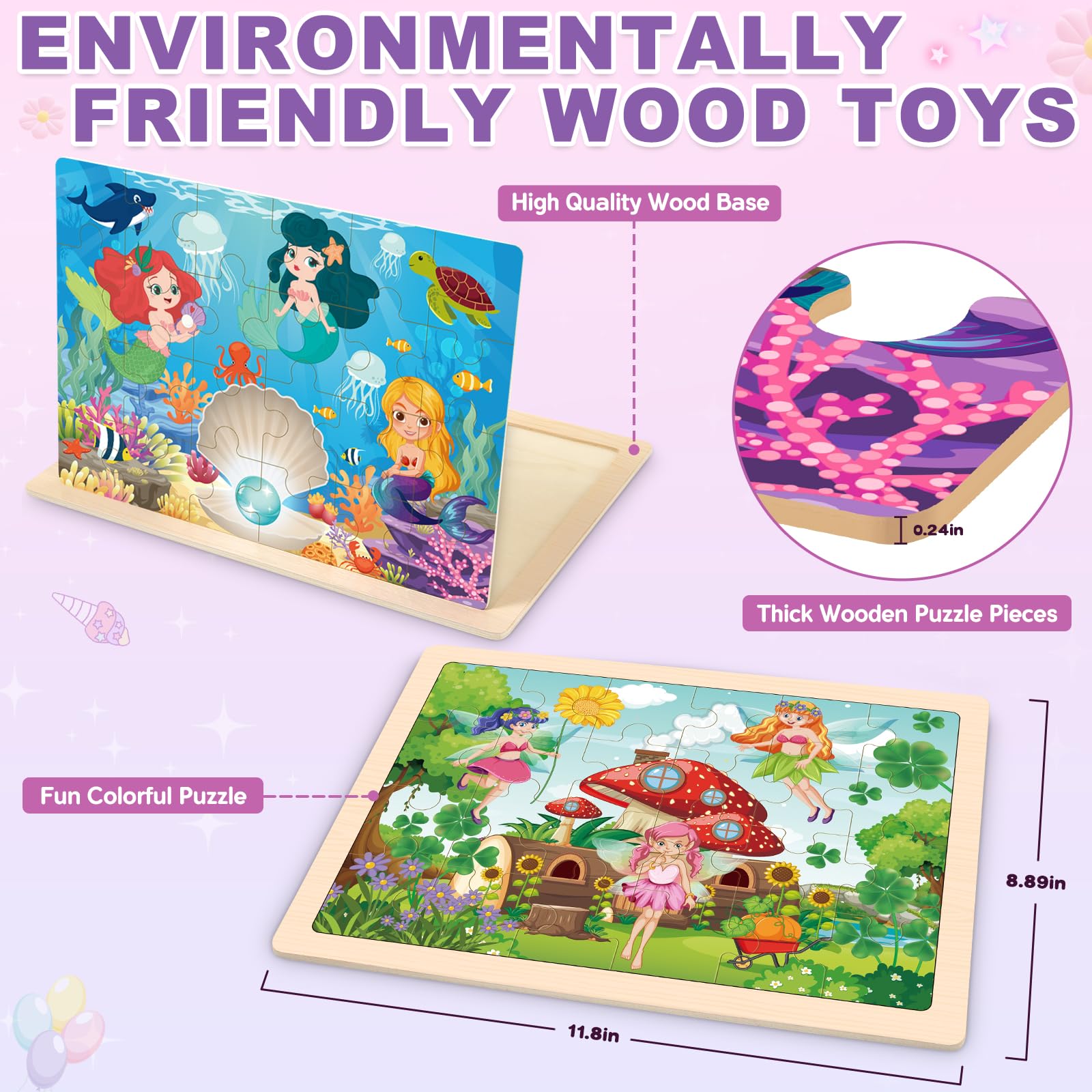 Einhorn und Meerjungfrau Holzpuzzle Feen für Kinder von 4-6 Jahren, 4 Packungen Reisepuzzle für Kinder von 2-4 Jahren, Vorschule Lernaktivitäten, Spielzeug für Kinder von 2-4 Jahren