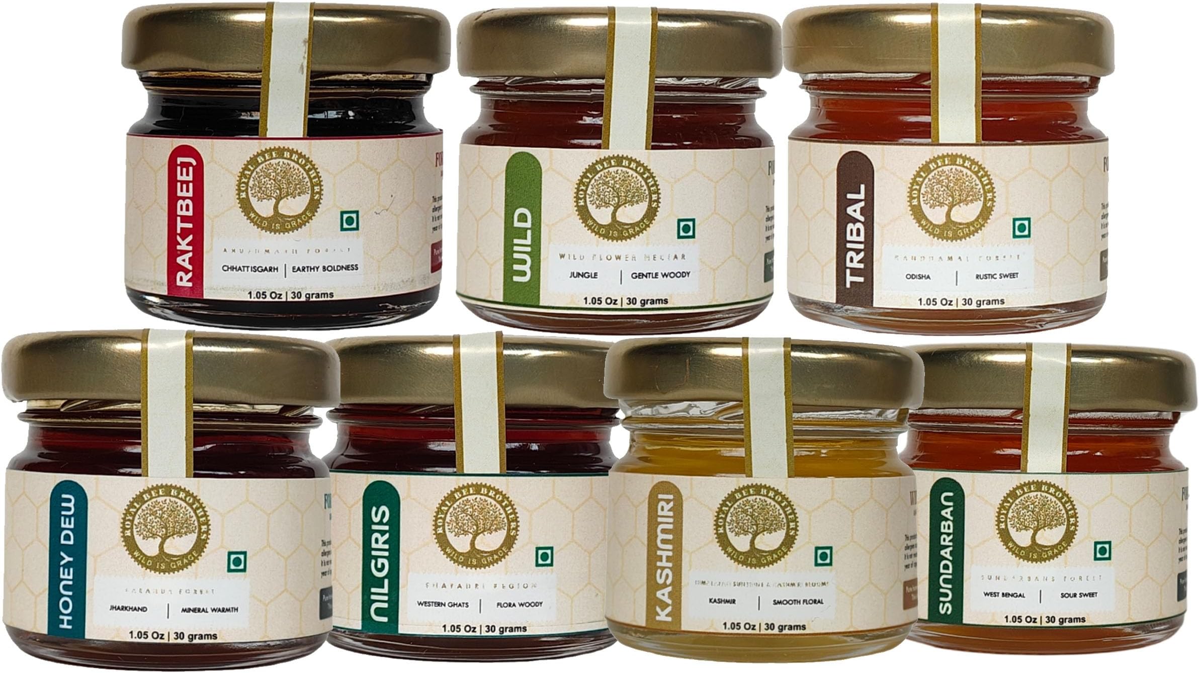 Essence of Seven Sisters | Collection of 7 types of Rare & Natural Forest Honey | Produce of Wild Honey Bee | Nectar of Wild Flora | Raw Unprocessed Honey (30g)
