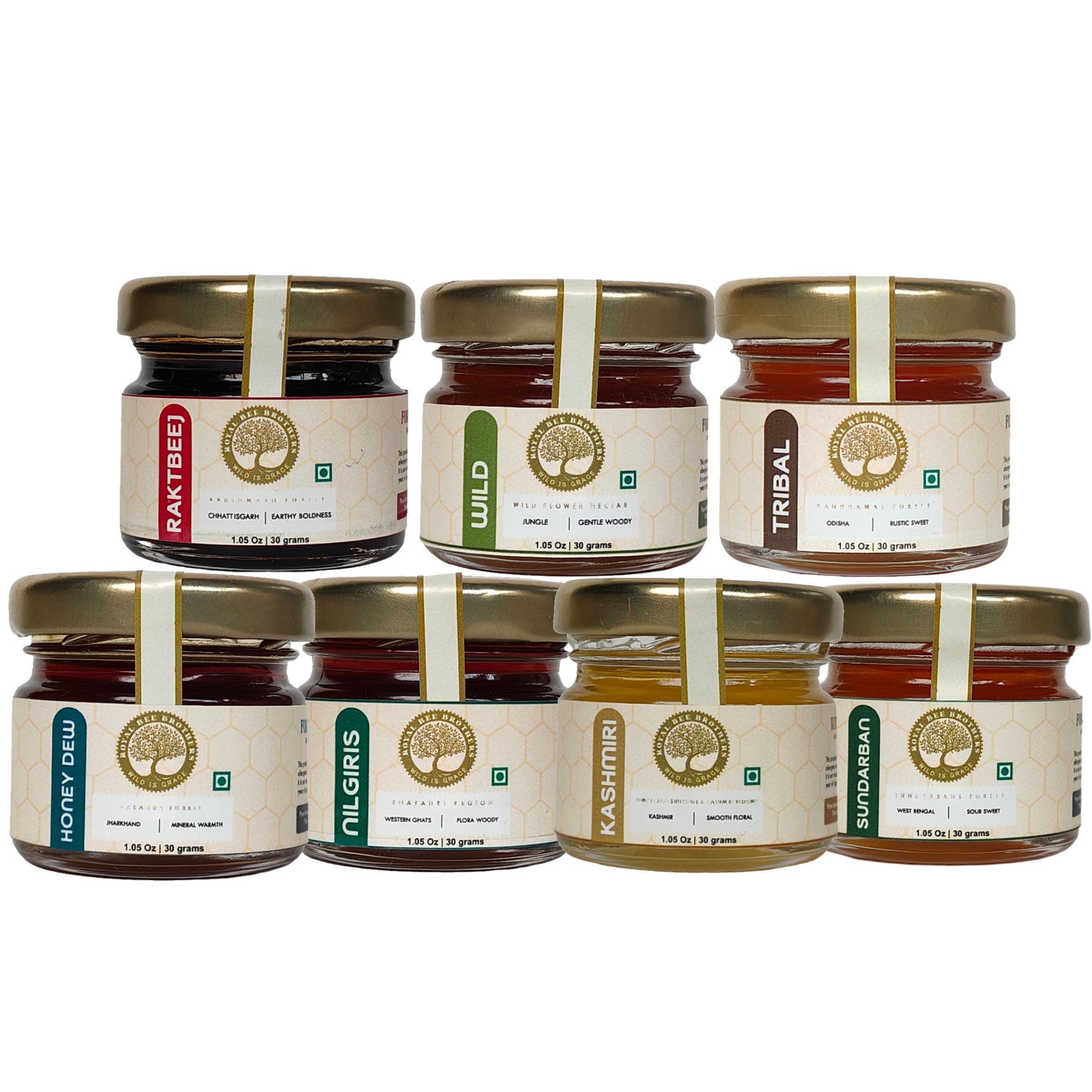 Essence of Seven Sisters | Collection of 7 types of Rare & Natural Forest Honey | Produce of Wild Honey Bee | Nectar of Wild Flora | Raw Unprocessed Honey (30g)