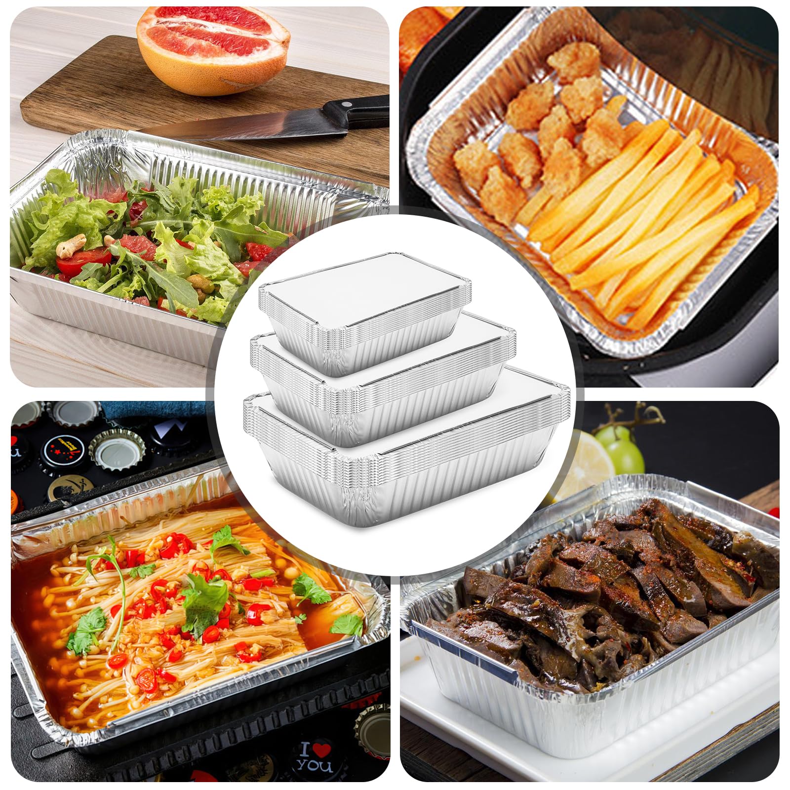 GBACHOOSE 100 stuks aluminium schalen met deksel, wegwerpschalen en grillschalen, 21 x 14 x 5 cm voor bakken, braden, koken, bewaren, grillen, meenemen
