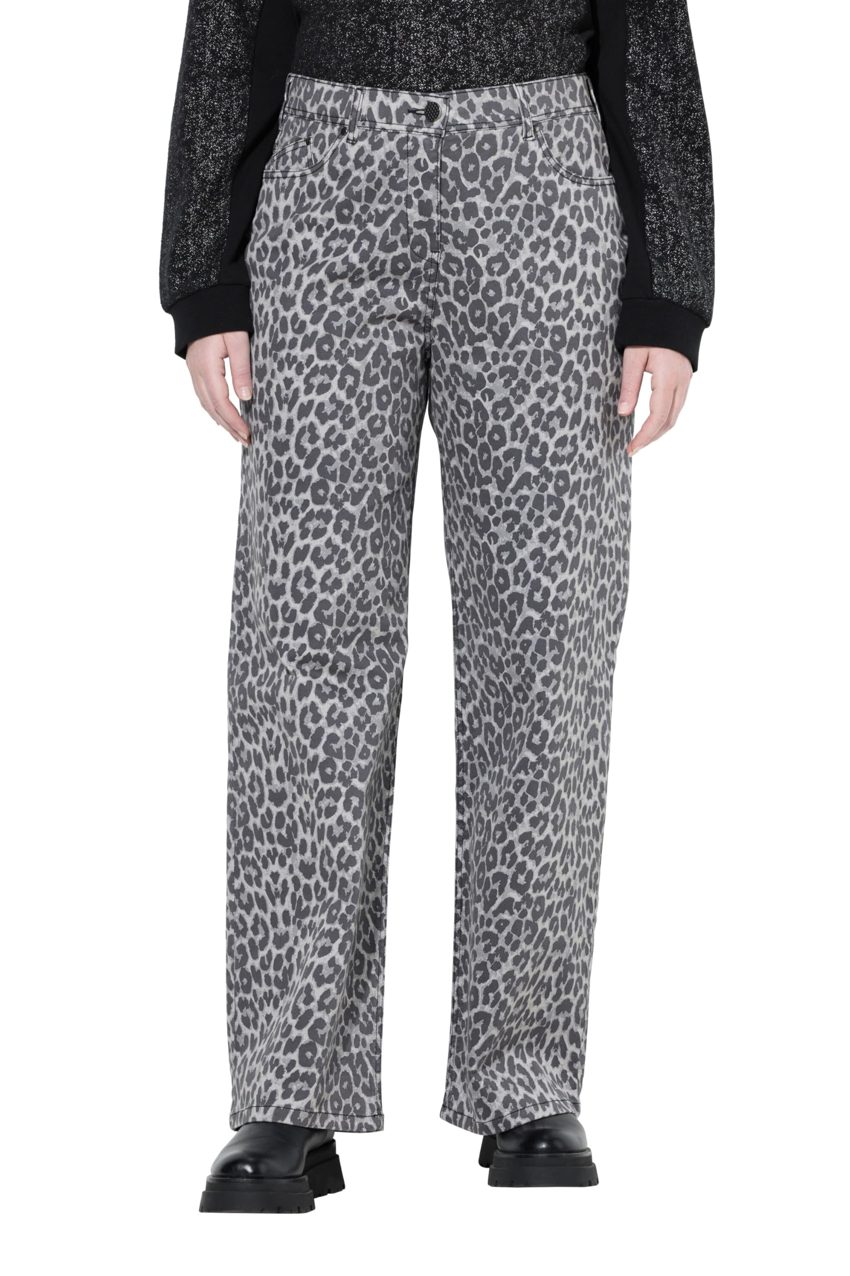 Ulla Popken Damen große Größen Übergrößen Plus Size Jeans Mary, Leomuster, Fransensaum, Stretchtwill 841383