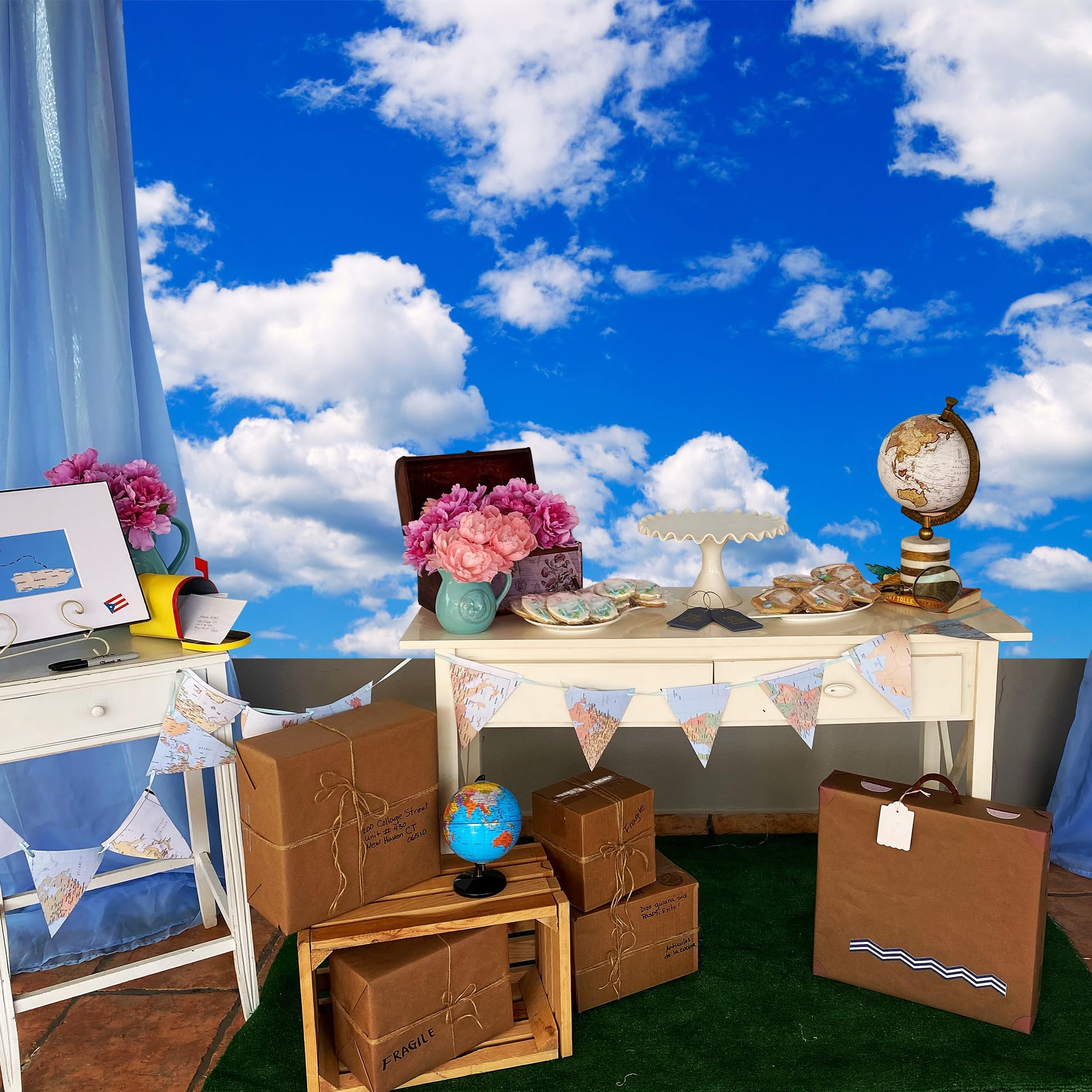Sfondo fotografico in tessuto 3,7 x 3,1 m con tema cielo, nuvole bianche e cielo blu, per fotografia di neonati, battesimi, baby shower, feste di compleanno bambini, matrimoni, balli