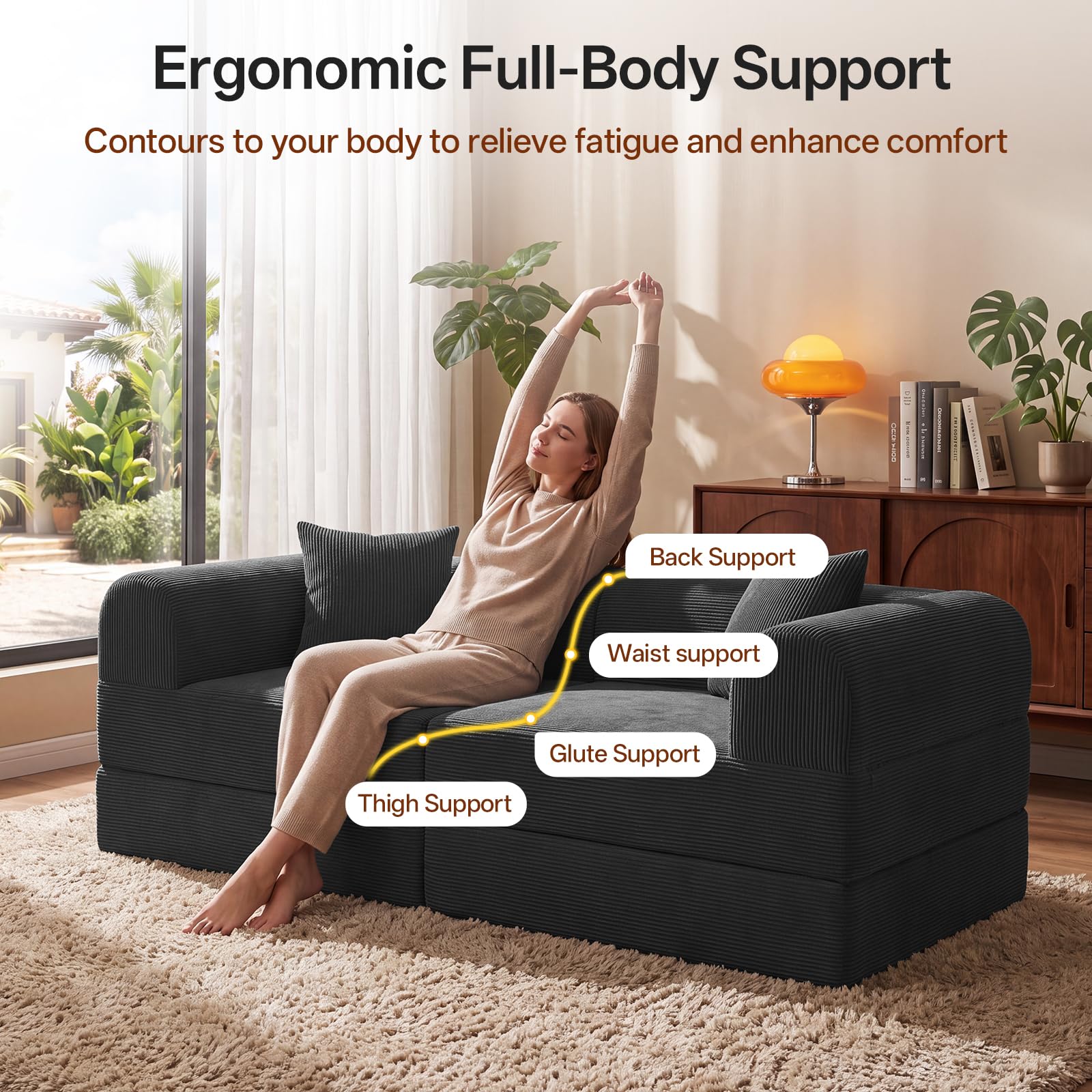74.8’’Convertible Futon Sofa Bed, Boneless Couch for Living Room | Corduroy Boneless Loveseat Sleeper Sofa, Modular Futon Couch with 2 pillow, Pull Out Couch No Assembly | Black