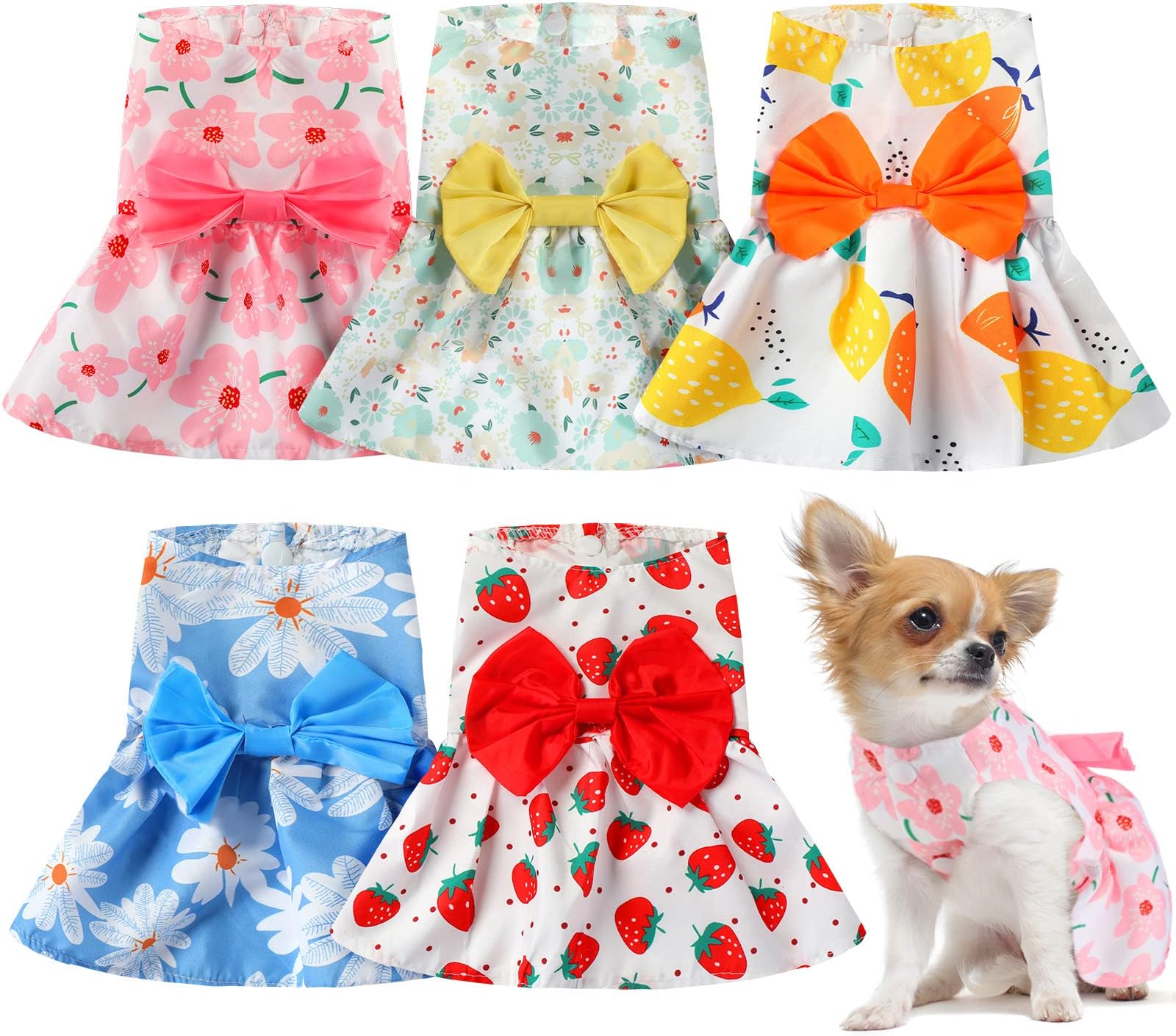 5 Pieces Dog Dresses for Small Dogs Girls Floral Puppy Pet Princess Bowknot Dress Cute Doggie Summer Outfits Clothes Yorkie Female Cat Pets, Styles(Small)