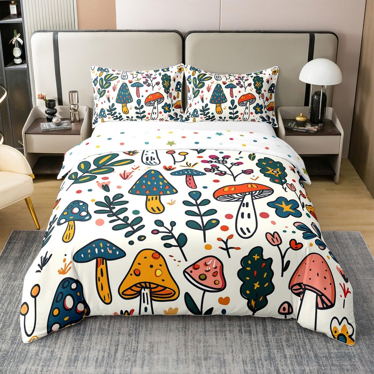 Homewish Grzyb 100% bawełna zestaw pościeli pojedynczy rozmiar stick figurka poszewka na kołdrę dla dzieci chłopców dziewcząt kwiatowy kolorowy botaniczny żółty niebieski poszewka na kołdrę miękka