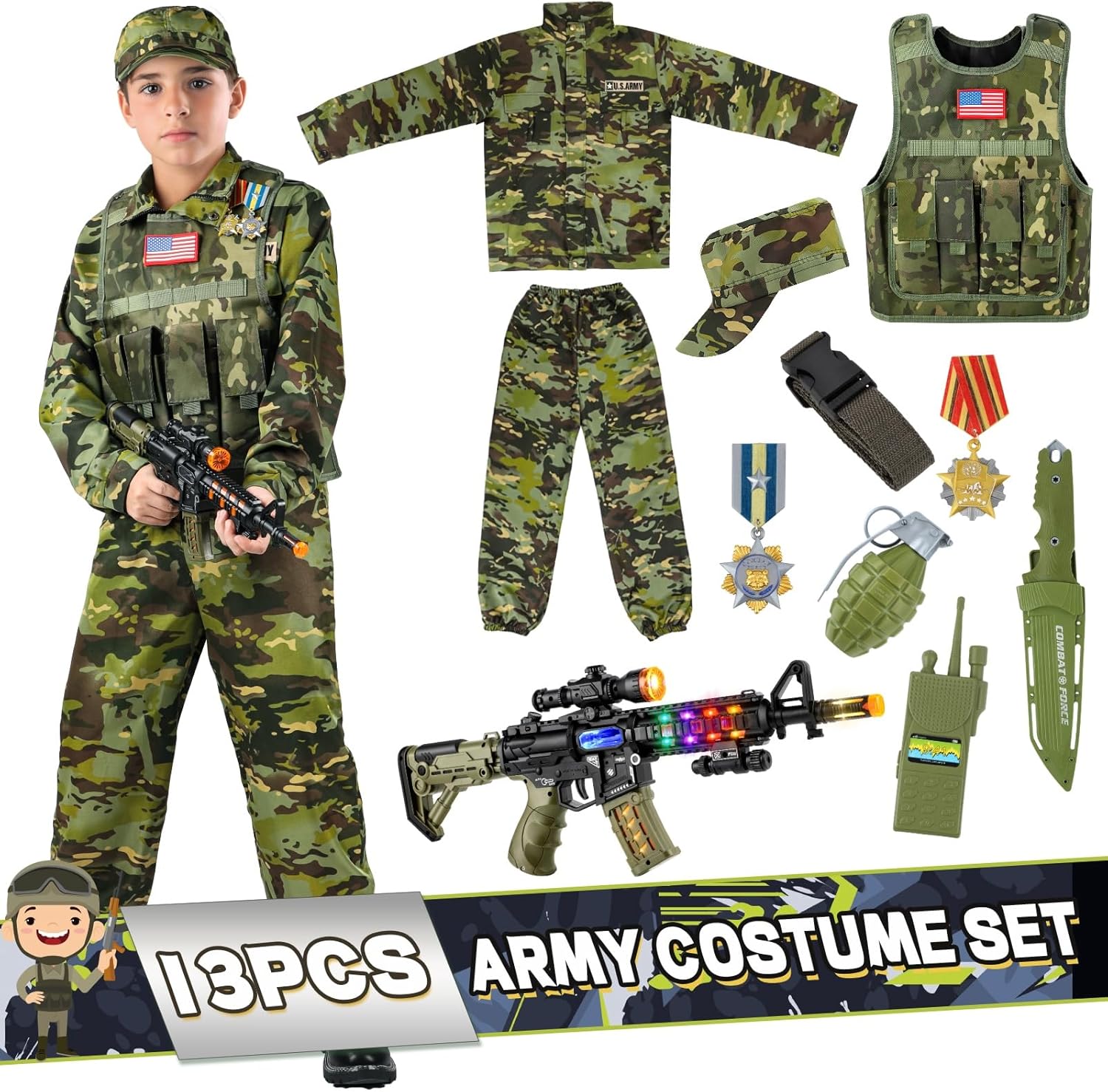 Kids Army Costume for Boys, Military Soldier Costume with Army Toys, Boys Halloween Costume with Camouflage Vest, Solider Boy Dress up age 3-12… - Image 6