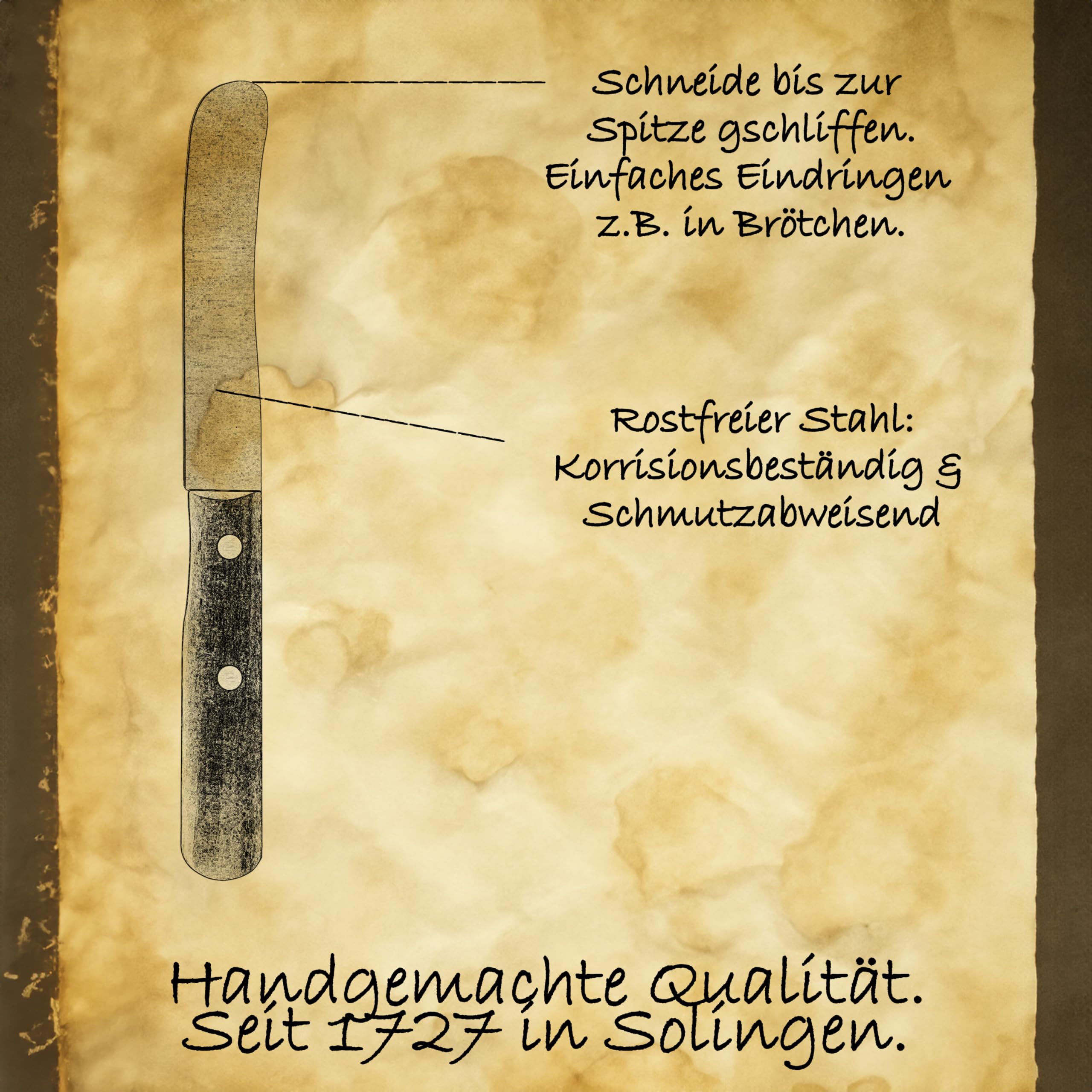Solingen Messer Buche Buckelmesser 40er Set, stabile Hohl Stiftnieten, Frühstücksmesser, Brötchenmesser, direkt vom Hersteller & aus eigener Fertigung, Polierabzug