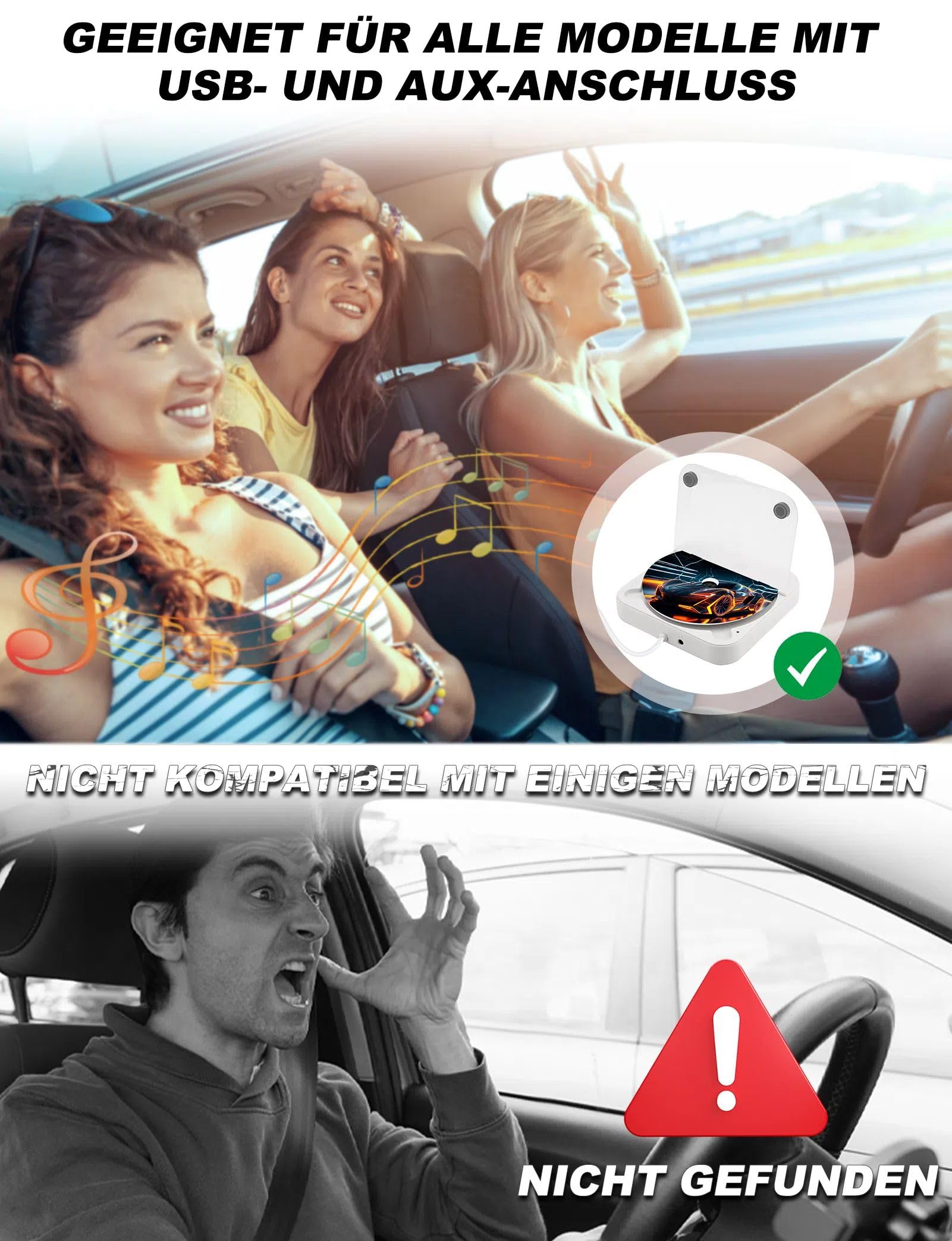 Auto CD Player Laufwerk mit USB-Anschluss - Extern Universal CD Player für Auto PKW LKW, Extra USB-Verlängerungskabel, Externes CD Laufwerk für Laptop, PC, Fernseher, kompatibel mit Android Autoradio