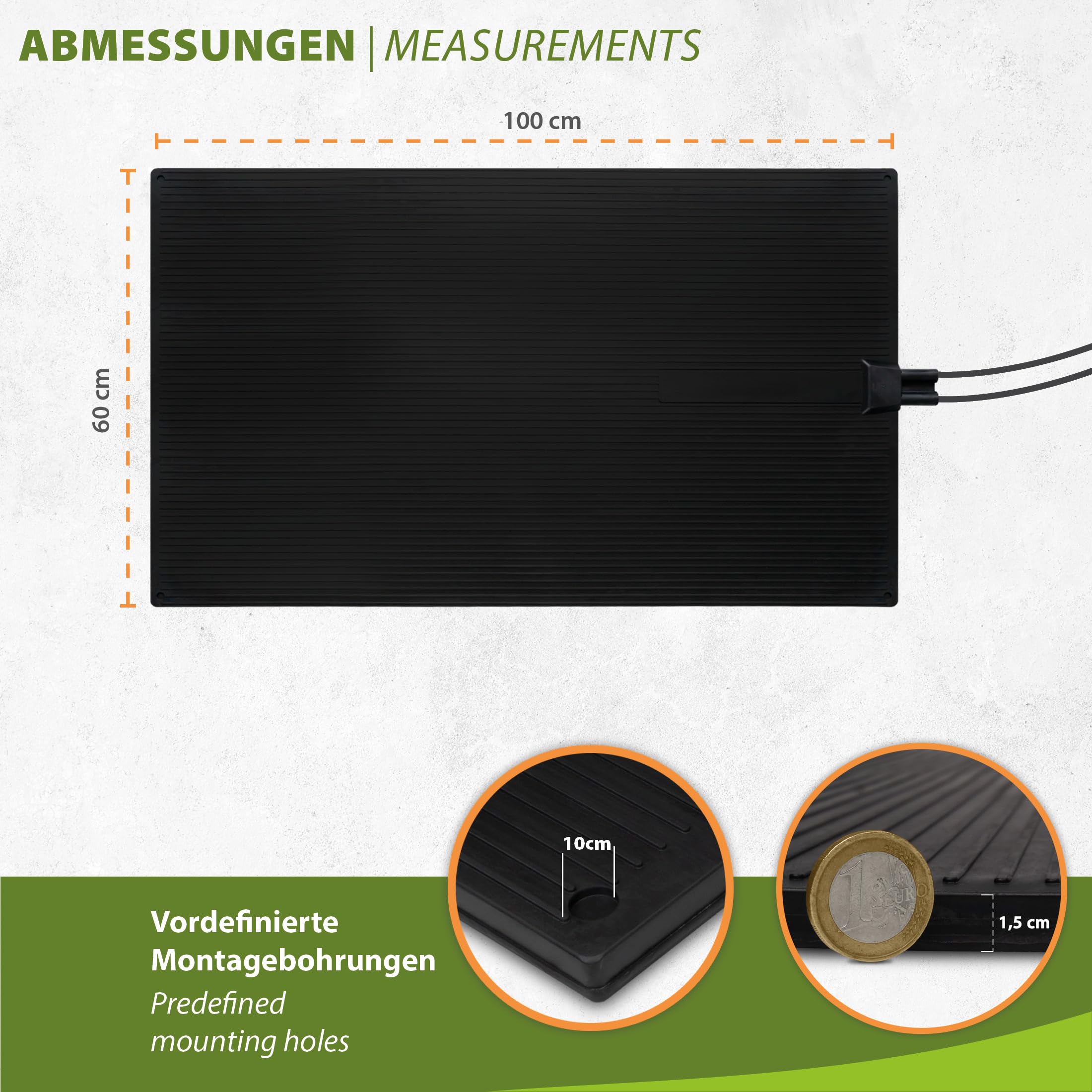 300W Gummi-Heizmatte, Outdoor Heizmatte 60x100cm, bis 60°C, IP65 Spritzwasserschutz