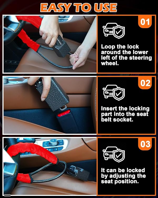 Tevlaphee Steering Wheel Lock Seat Belt Lock Universal Anti Theft Car Device Car Lock Car Theft Prevention with 3 Keys for Car Security Fit Most Vehicles Truck SUV Van (Red) by Tevlaphee - Image 4
