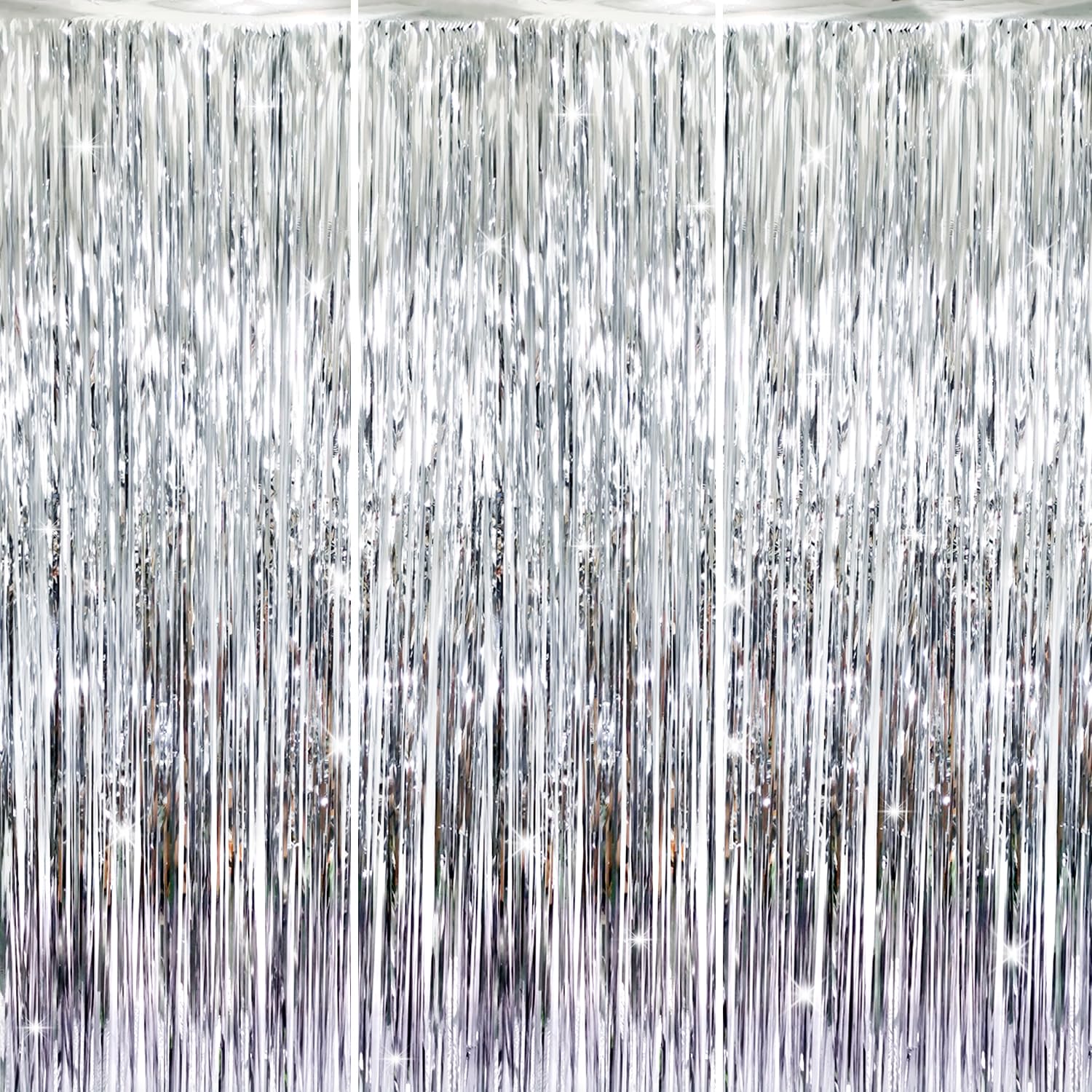 GOER 3.2 ft x 8.2 ft Metallic Tinsel Foil Fringe Curtains Party Photo Backdrop Party Streamers for Birthday,Graduation,New Year Eve Decorations Wedding Decor (Silver,3 pcs)