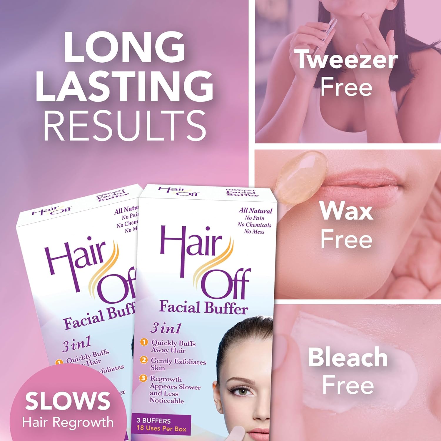 Facial Buffer - Painless & Chemical Free Facial Hair Remover & Gentle Face Exfoliator - Hair Eraser to Slow Regrowth on Chin, Lip & Cheeks (3 Buffers Per Box, Pack of 3)