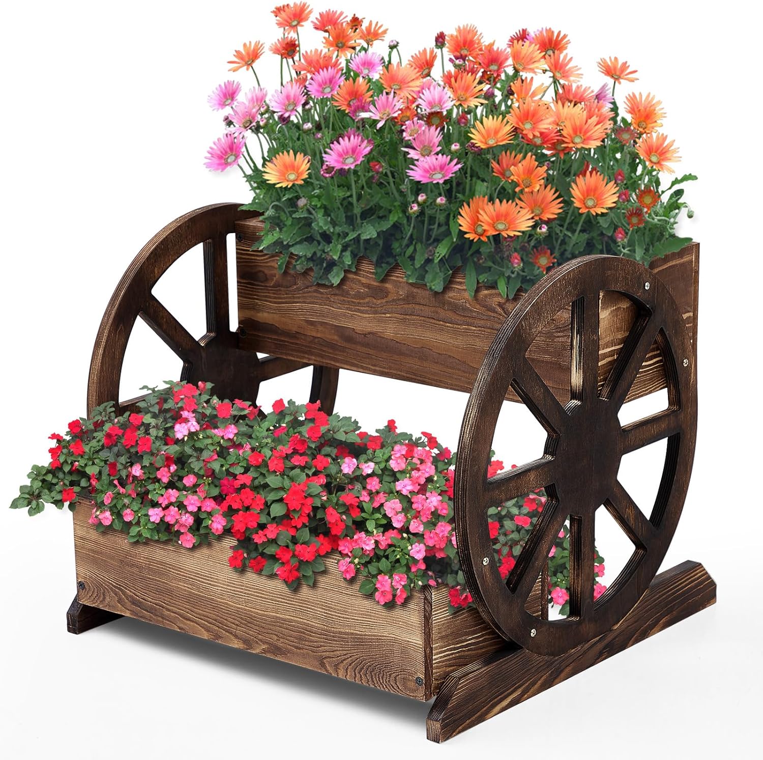 Wooden Wagon Planter Box Decorative Wooden Cart Rustic Flower Pot Garden Wagon Decor with Wheels for Indoor Outdoor Patio Garden Balcony Backyard Decoration (1 Pcs,Unmovable Carriage Style) 1 Unmovable Carriage Style