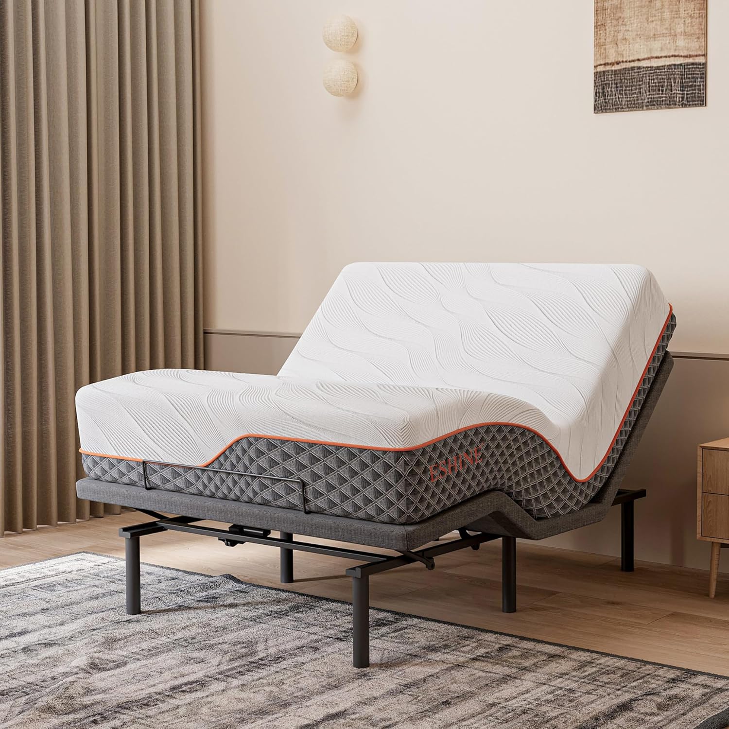 ESHINE 14" Hybrid Mattress Queen(Medium Soft) + Adjustable Bed Frame - Luxury Gel Memory Foam, Upholstered Bed Frames with Massage, USB, Under Bed Night Light, Head and Foot Incline, Queen