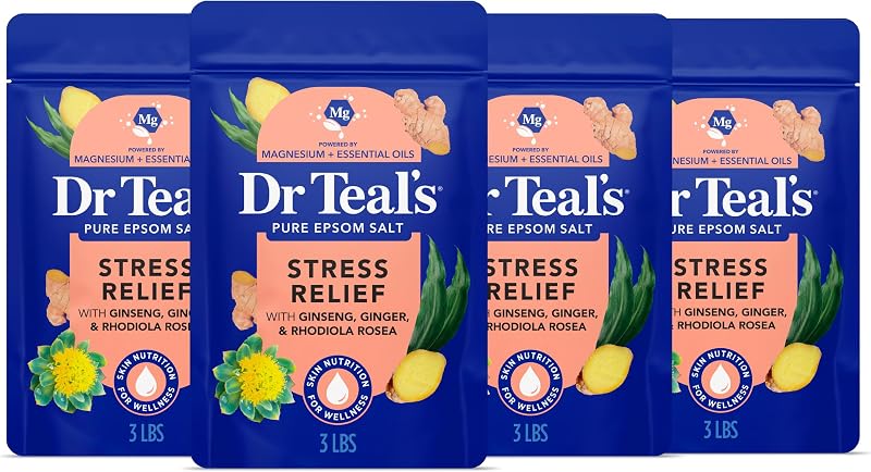 Dr Teal's Sais de Epsom com Magnésio, Ginseng e Óleos Essenciais de Gengibre, 1,36 kg, Pacote com 4