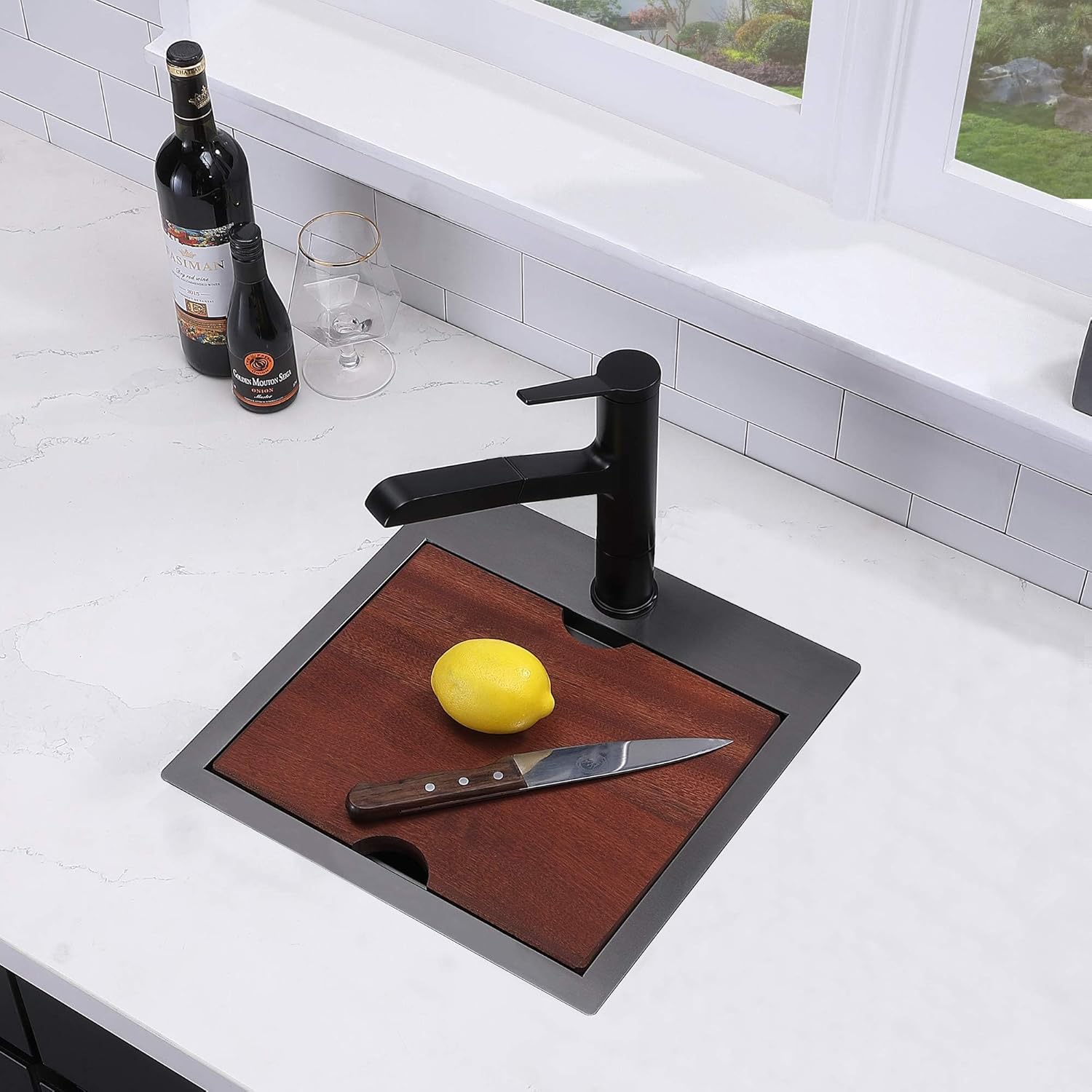 vapsint 15x15 inch black bar sink, drop in bar sink workstation top mount single bowl small bar sink, stainless steel handmade gunmetal black small kitchen sink with grid & cutting board gunmetal black 15x15 inch