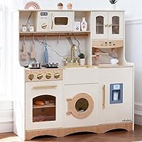 infunsame Wooden Kids Kitchen Playset Ages 3-8: 20pcs All-in-One with Fridge, Ice Maker, Washer, Microwave - Pretend Play Educational Toy
